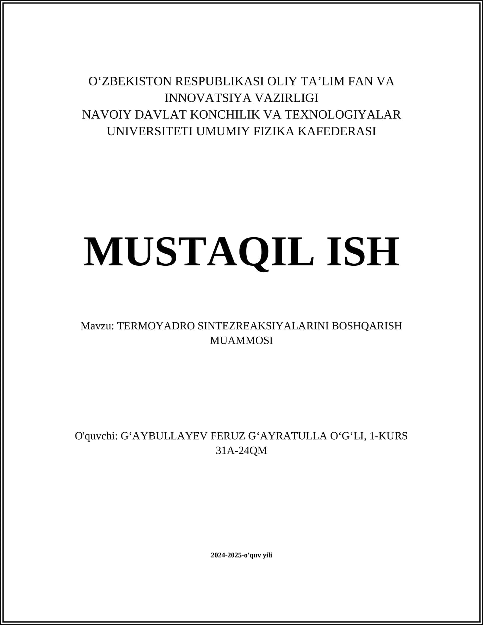 TERMOYADRO SINTEZREAKSIYALARINI BOSHQARISH MUAMMOSI