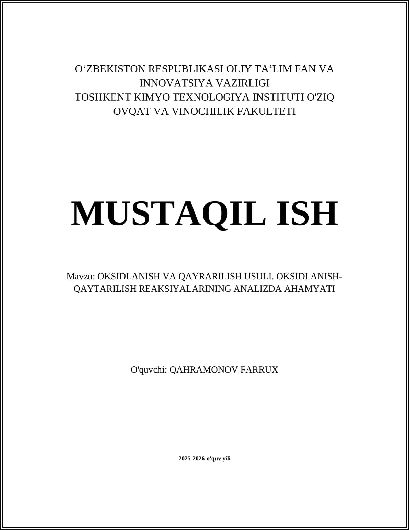 OKSIDLANISH VA QAYRARILISH USULI. OKSIDLANISH-QAYTARILISH REAKSIYALARINING ANALIZDA AHAMYATI