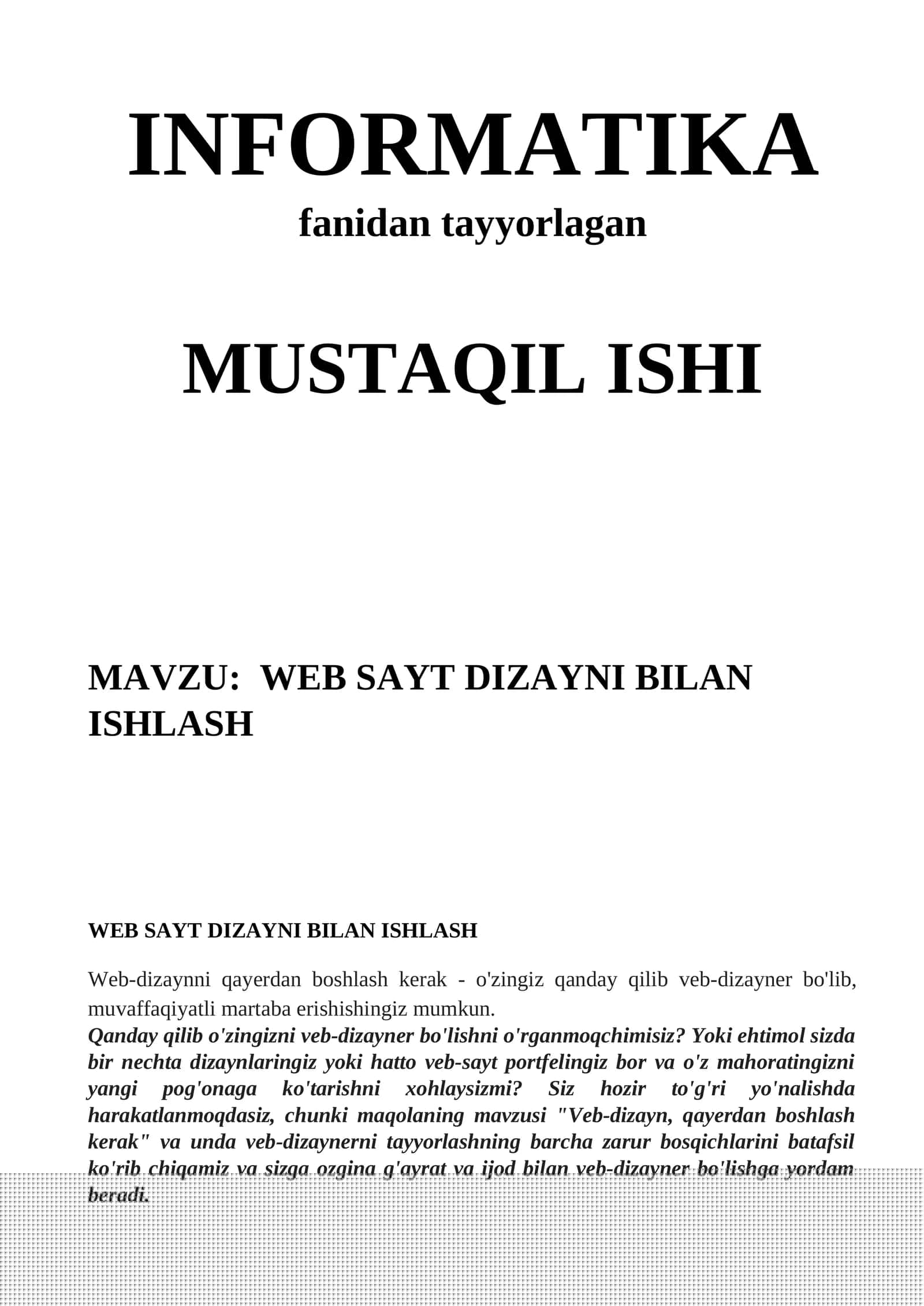 Veb Sayt Dizayni Bilan Ishlash