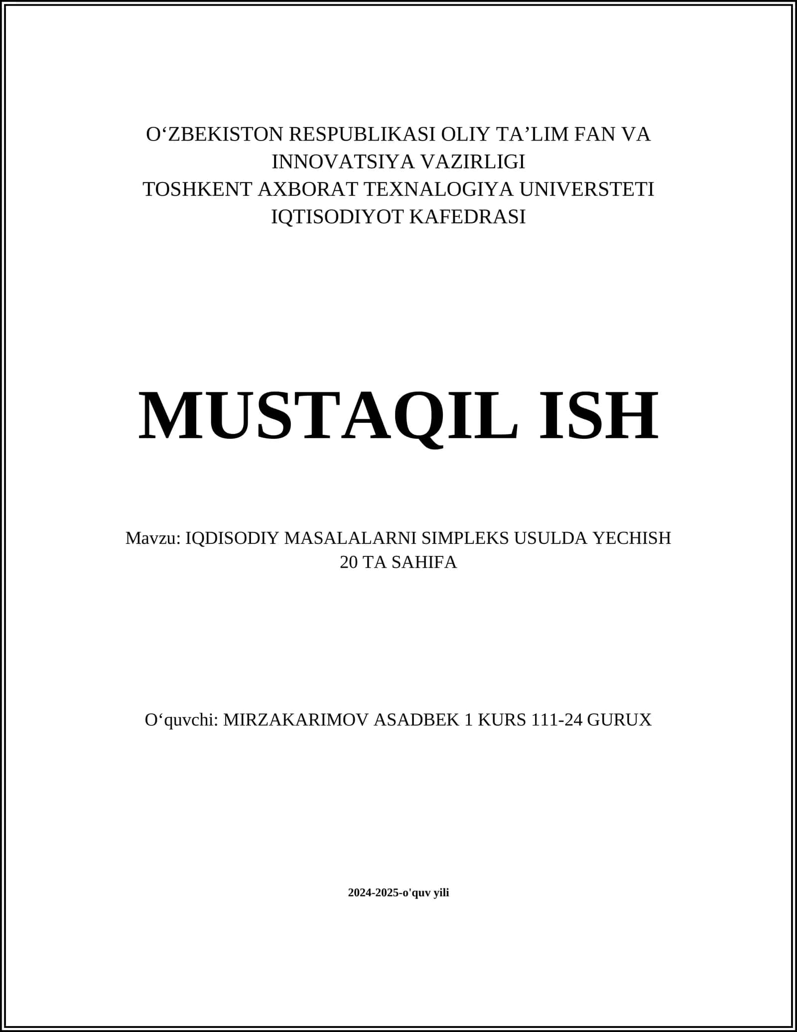 IQDISODIY MASALALARNI SIMPLEKS USULDA YECHISH 20 TA SAHIFA
