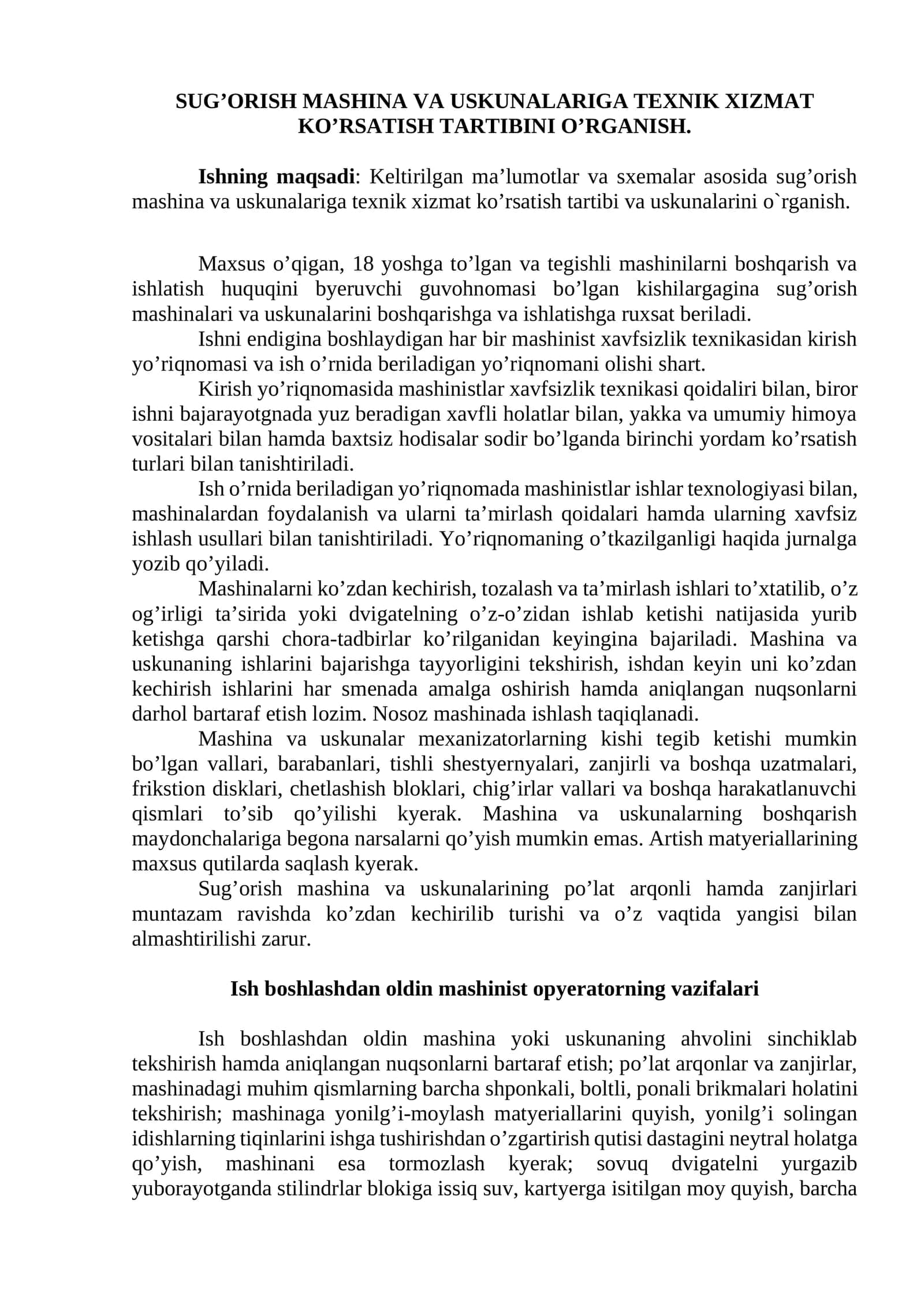 Sug’orish mashina va uskunalariga texnik xizmat ko’rsatish tartibini o’rganish