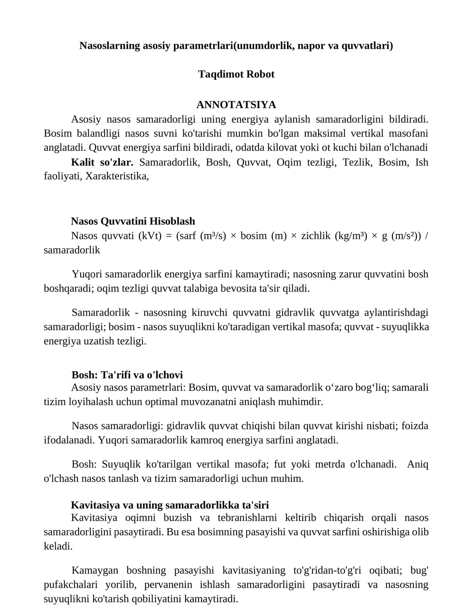 Nasos Quvvatini Hisoblash