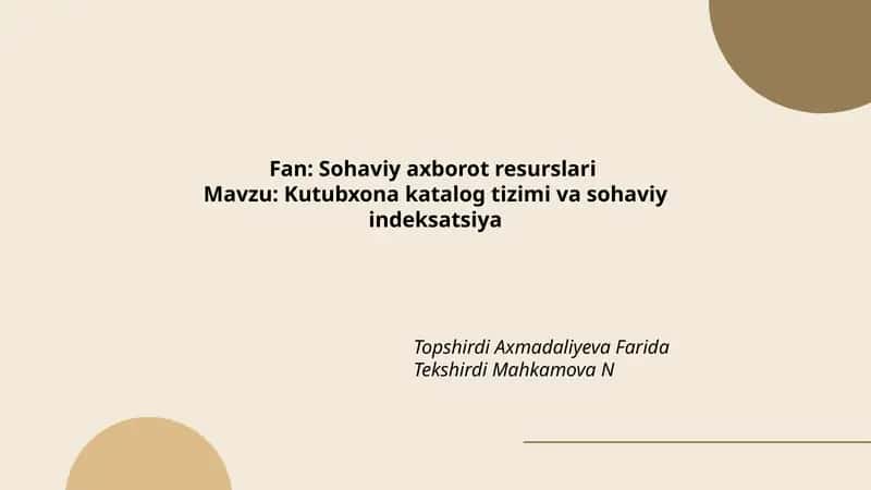 Kutubxona katalog tizimi va sohaviy indeksatsiya