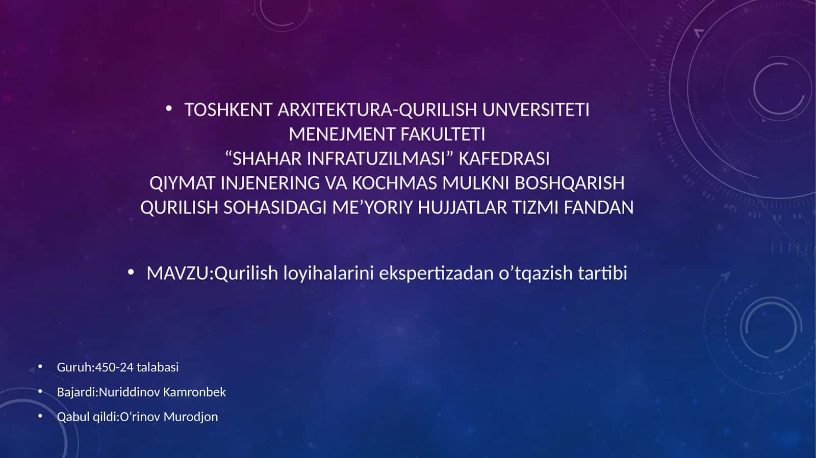 Qurilish sohasidagi me'yoriy hujjatlar tizimi fanidan