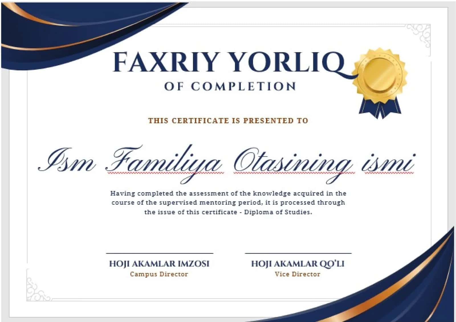 FAXRIY YORLIQ OF COMPLETION