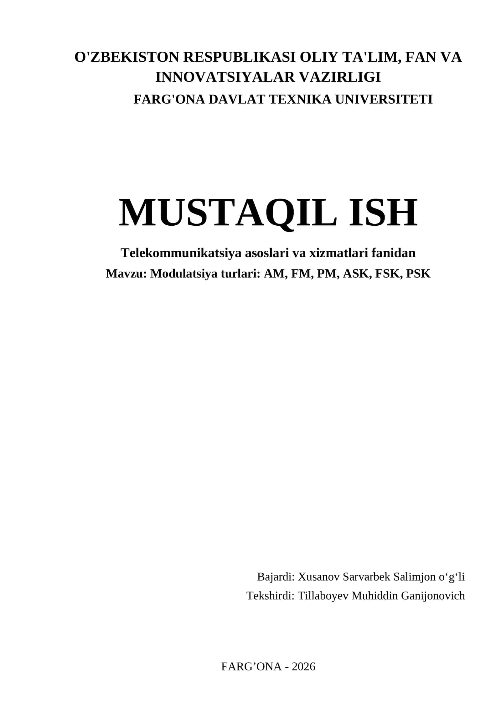 Modulatsiya turlari: AM, FM, PM, ASK, FSK, PSK