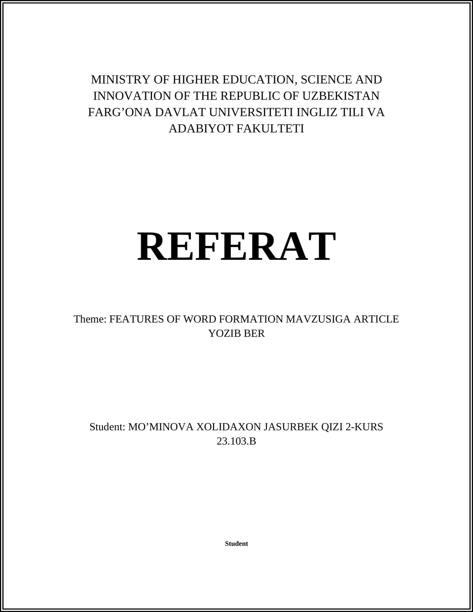 FEATURES OF WORD FORMATION MAVZUSIGA ARTICLE YOZIB BER