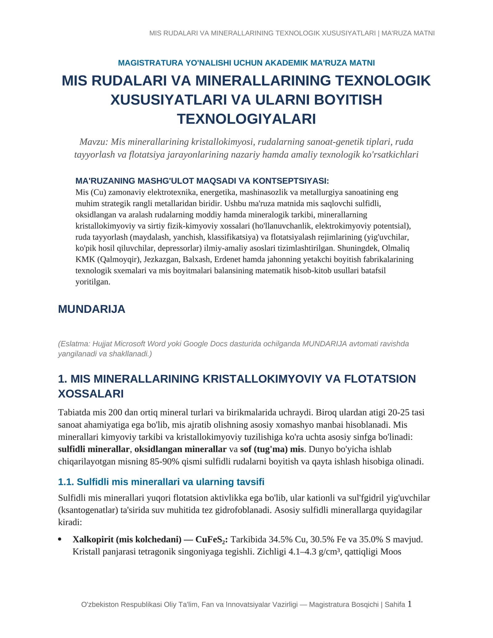 MIS RUDALARI VA MINERALLARINING TEXNOLOGIK XUSUSIYATLARI | MA'RUZA MATNI
