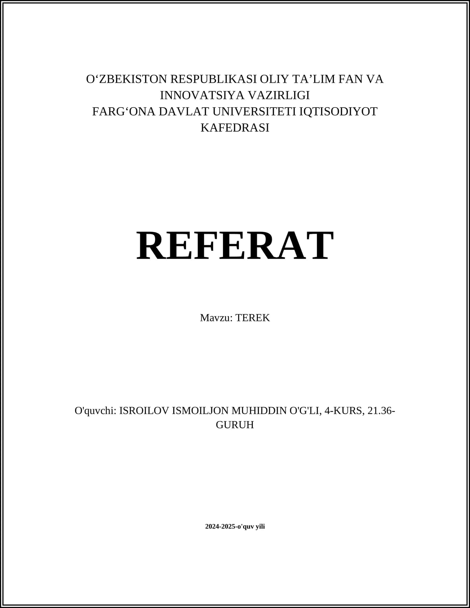 REFERAT Mavzu: TEREK