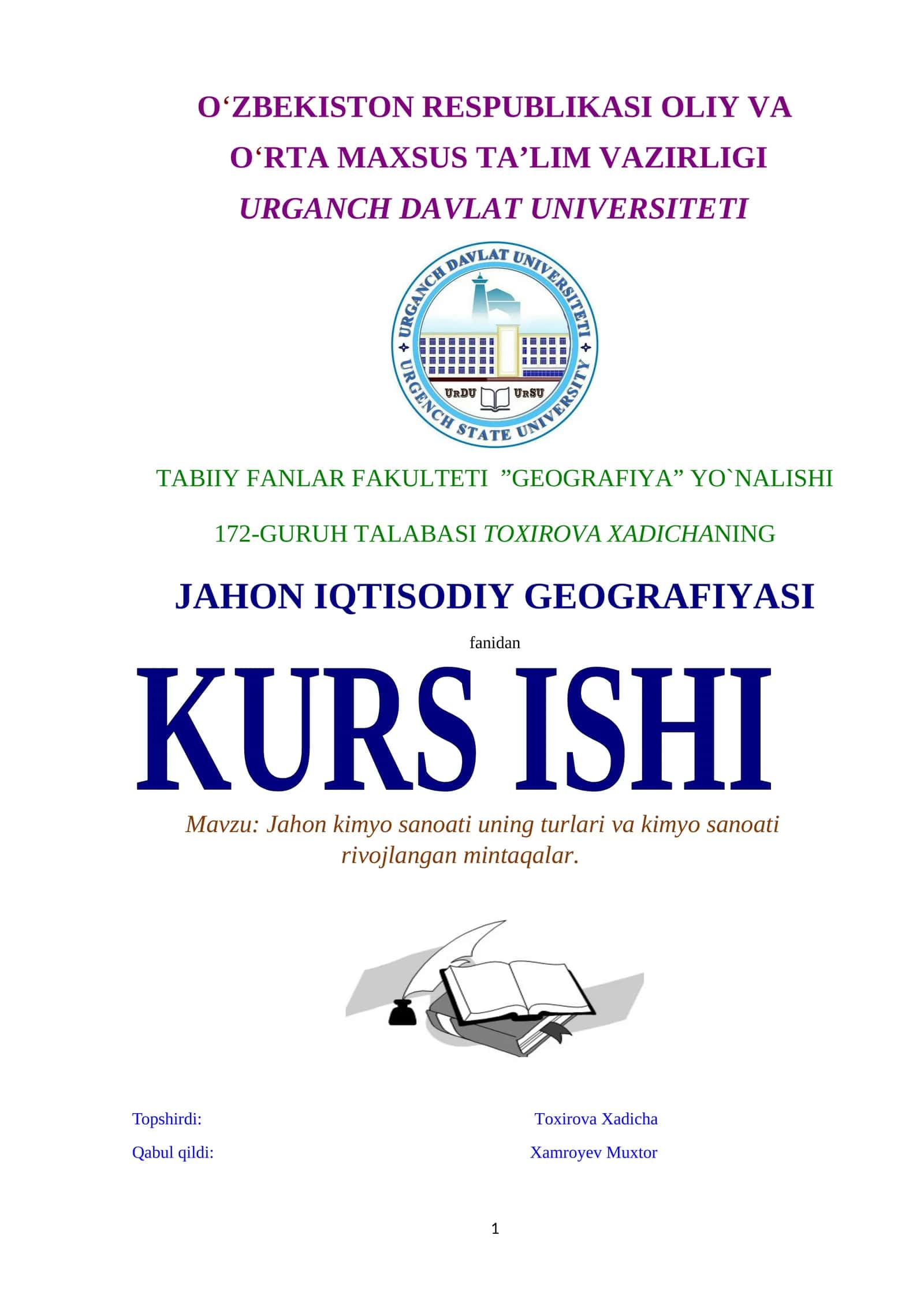 Jahon kimyo sanoati uning turlari va kimyo sanoati rivojlangan mintaqalar