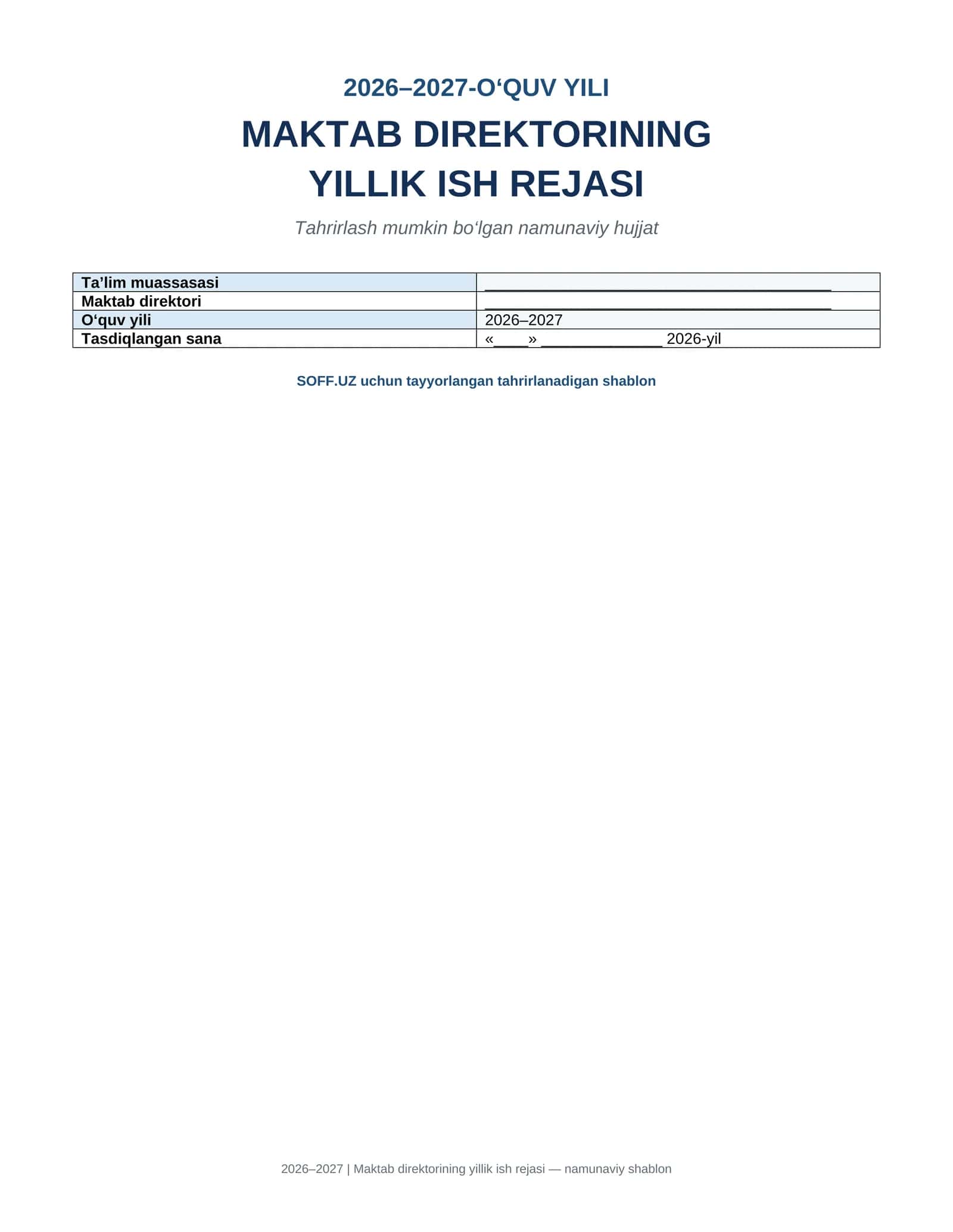 2026–2027-O‘QUV YILI UCHUN MAKTAB DIREKTORINING YILLIK ISH REJASI