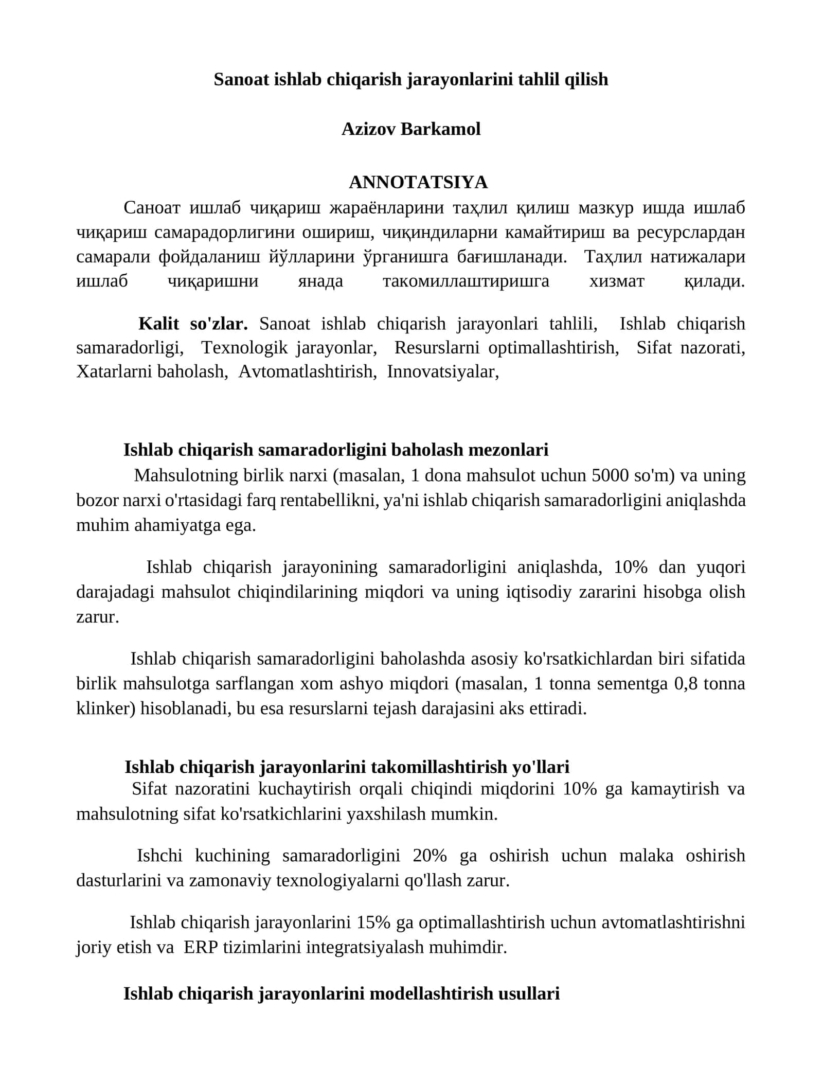 Sanoat ishlab chiqarish jarayonlarini tahlil qilish