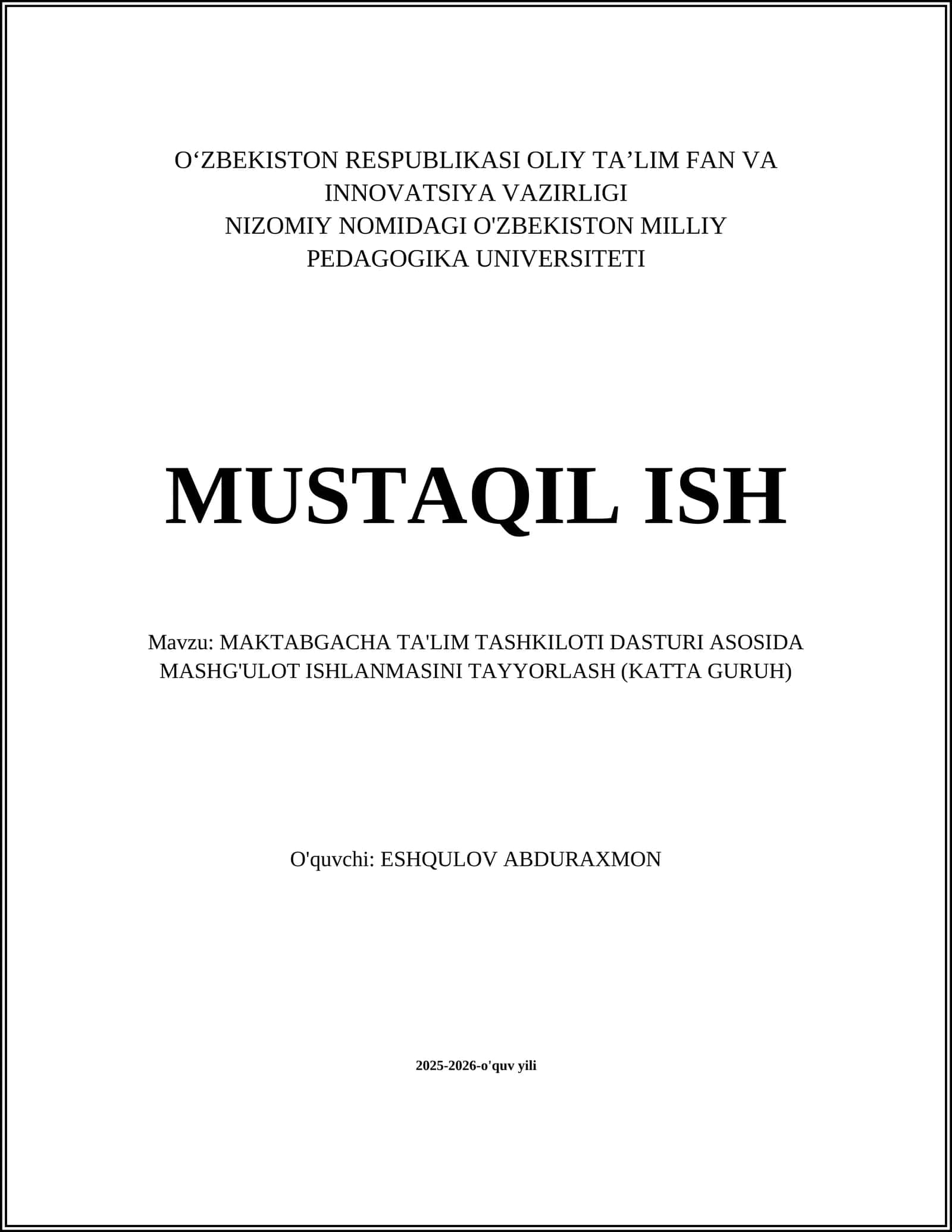 MAKTABGACHA TA'LIM TASHKILOTI DASTURI ASOSIDA MASHG'ULOT ISHLANMASINI TAYYORLASH (KATTA GURUH)