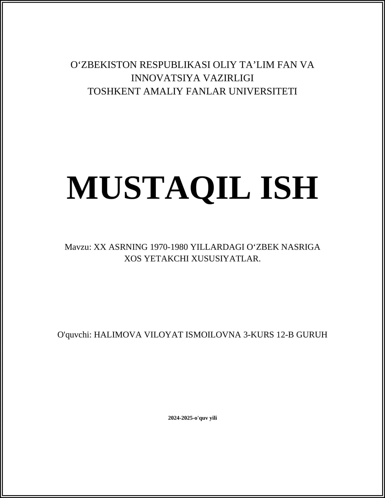 XX ASRNING 1970-1980 YILLARIDAGI OʻZBEK NASRIGA XOS YETAKCHI XUSUSIYATLAR