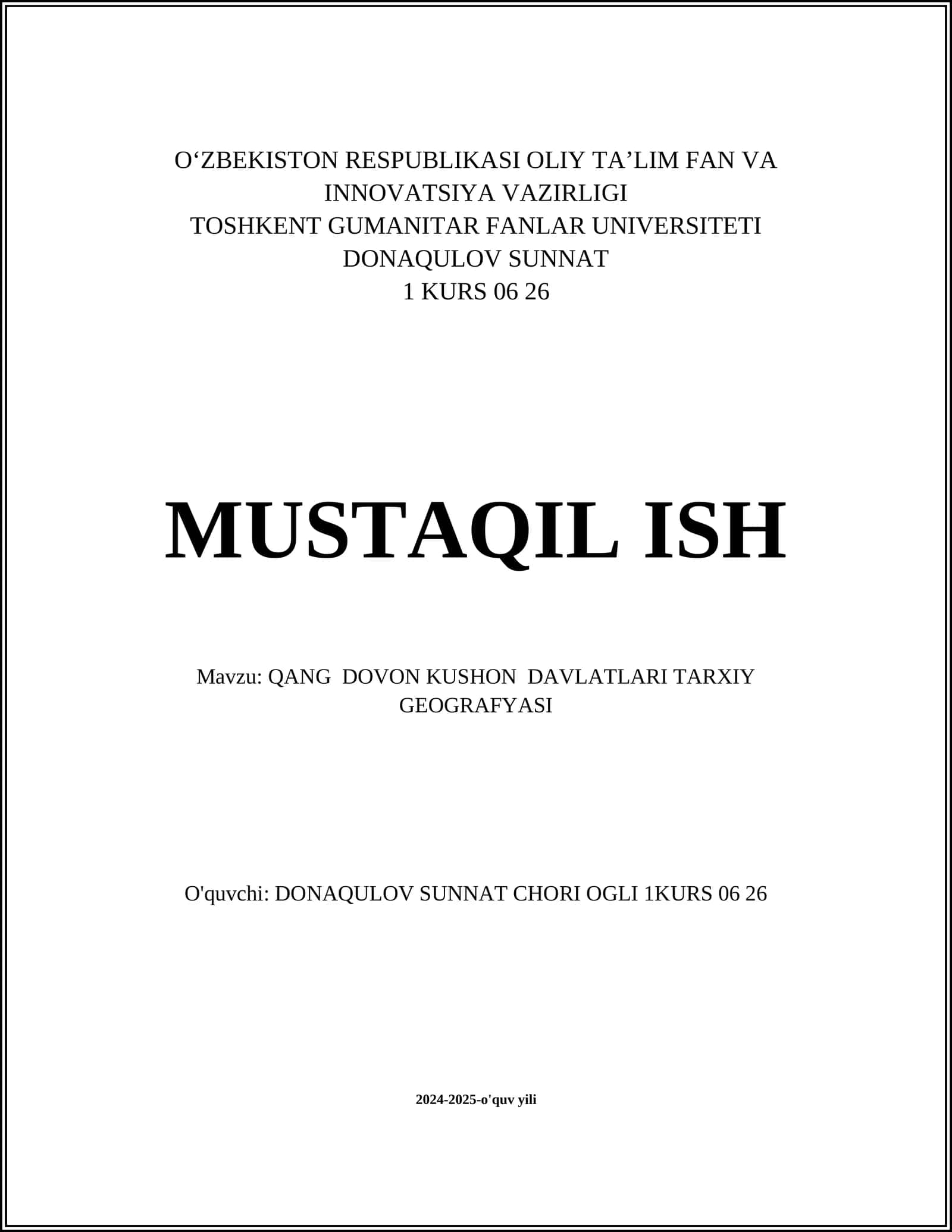 QANG DOVON KUSHON DAVLATLARI TARXIY GEOGRAFYASI