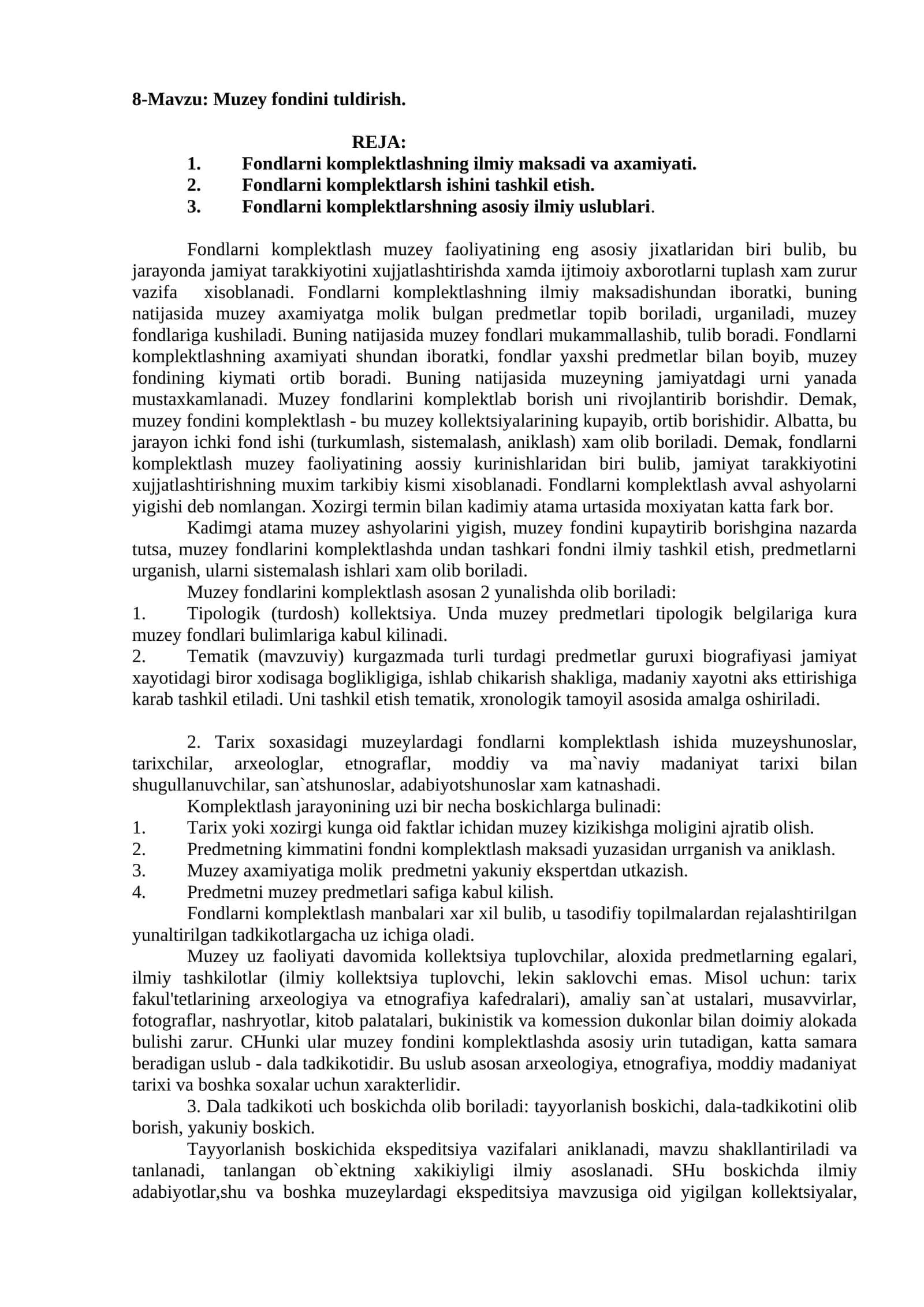 8-Mavzu: Muzey fondini tuldirish