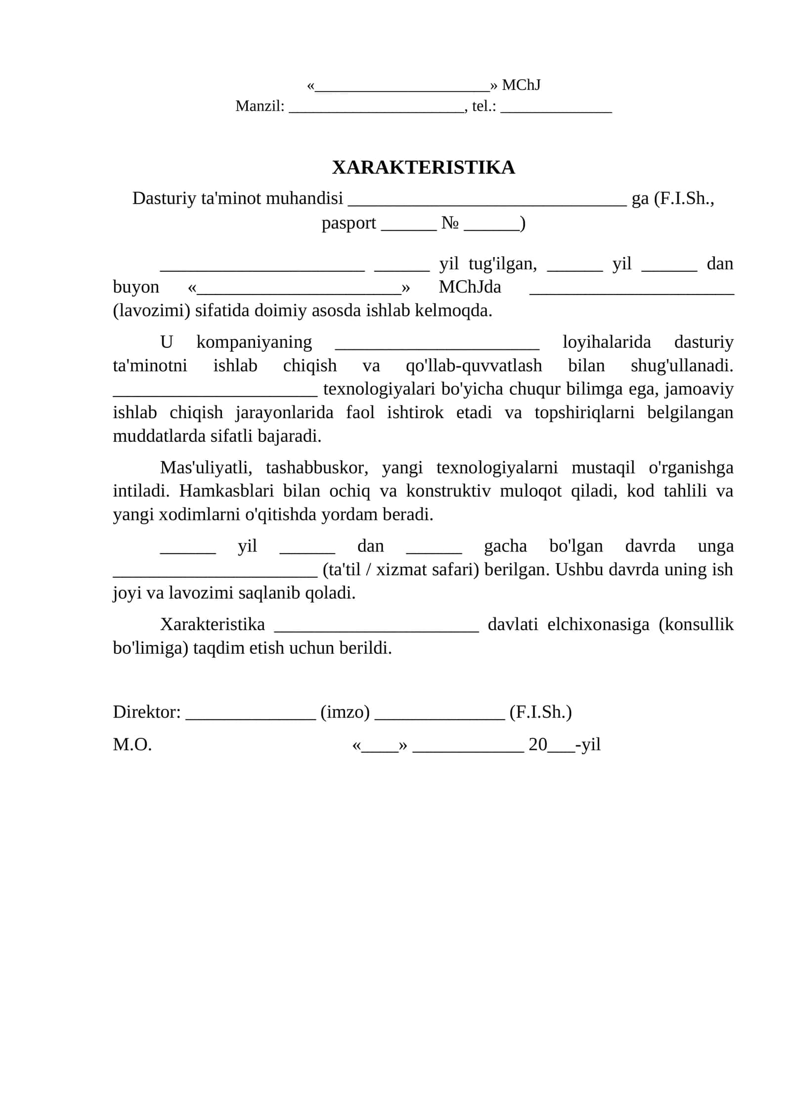 IT mutaxassisga xarakteristika viza olish uchun xarakteristika namunasi