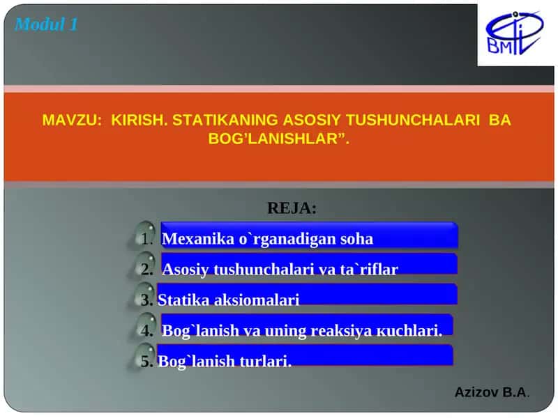 STATIKANING ASOSIY TUSHUNCHALARIВАBOG’LANISHLAR