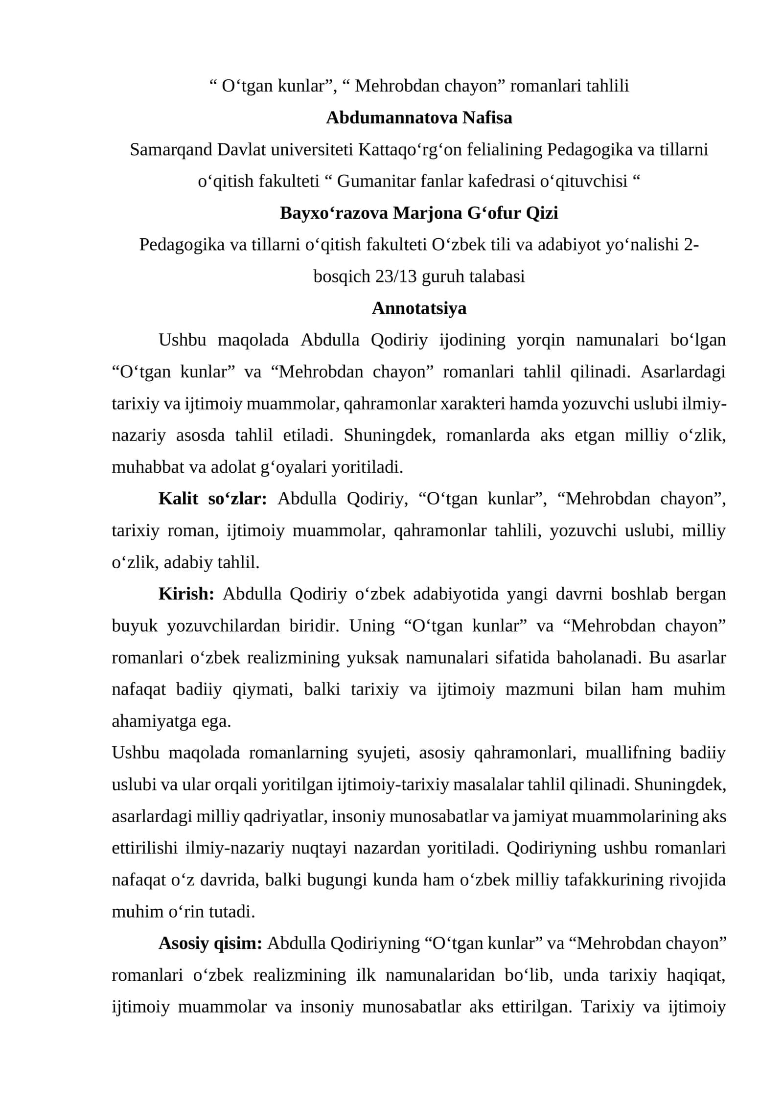 "Oʻtgan kunlar", "Mehrobdan chayon" romanlari tahlili