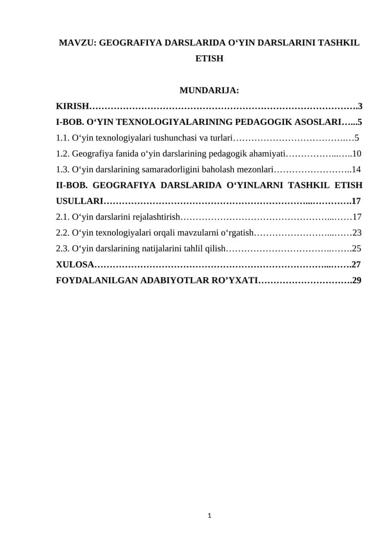 GEOGRAFIYA DARSLARIDA O‘YIN DARSLARINI TASHKIL ETISH
