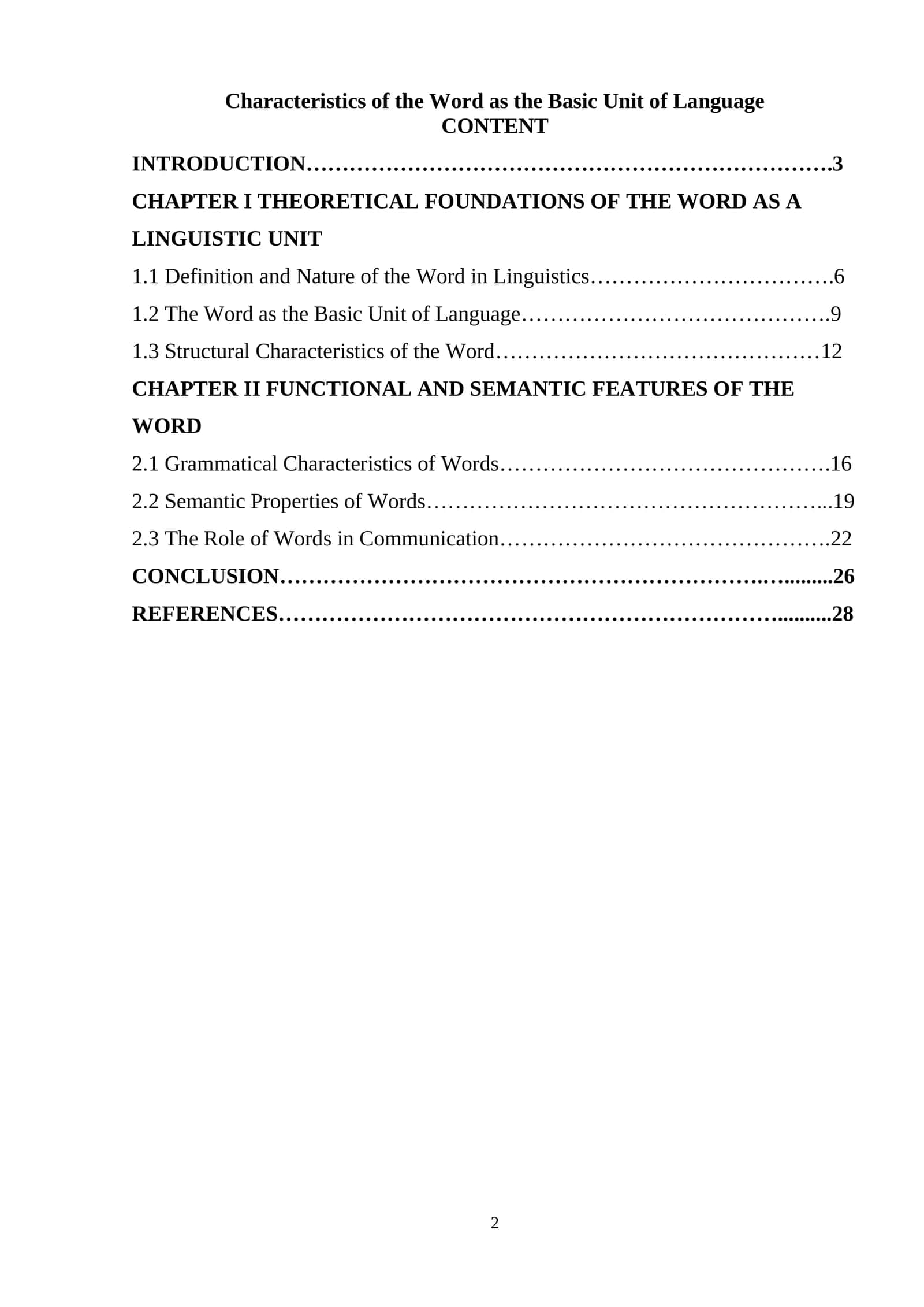 Characteristics of the Word as the Basic Unit of Language