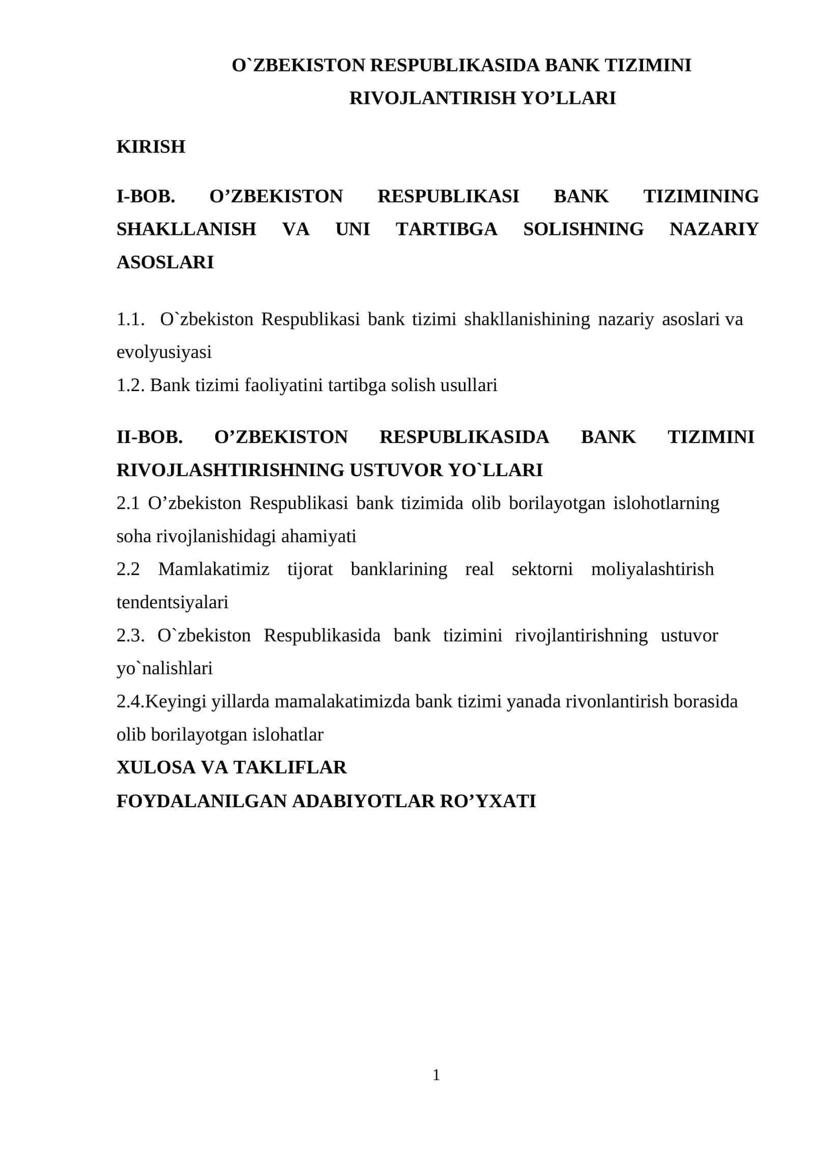 O`ZBEKISTON RESPUBLIKASIDA BANK TIZIMINI RIVOJLANTIRISH YO'LLARI