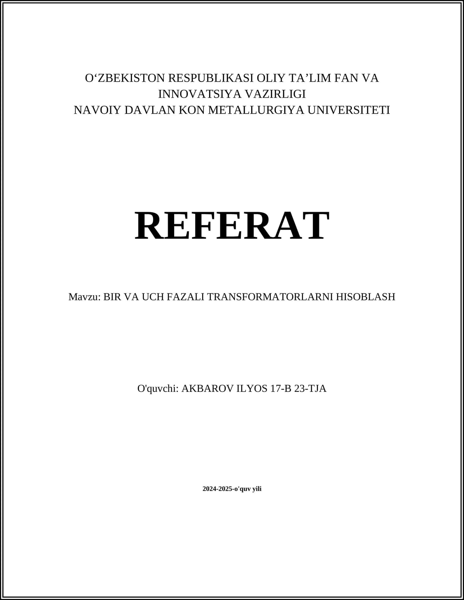 BIR VA UCH FAZALI TRANSFORMATORLARNI HISOBLASH