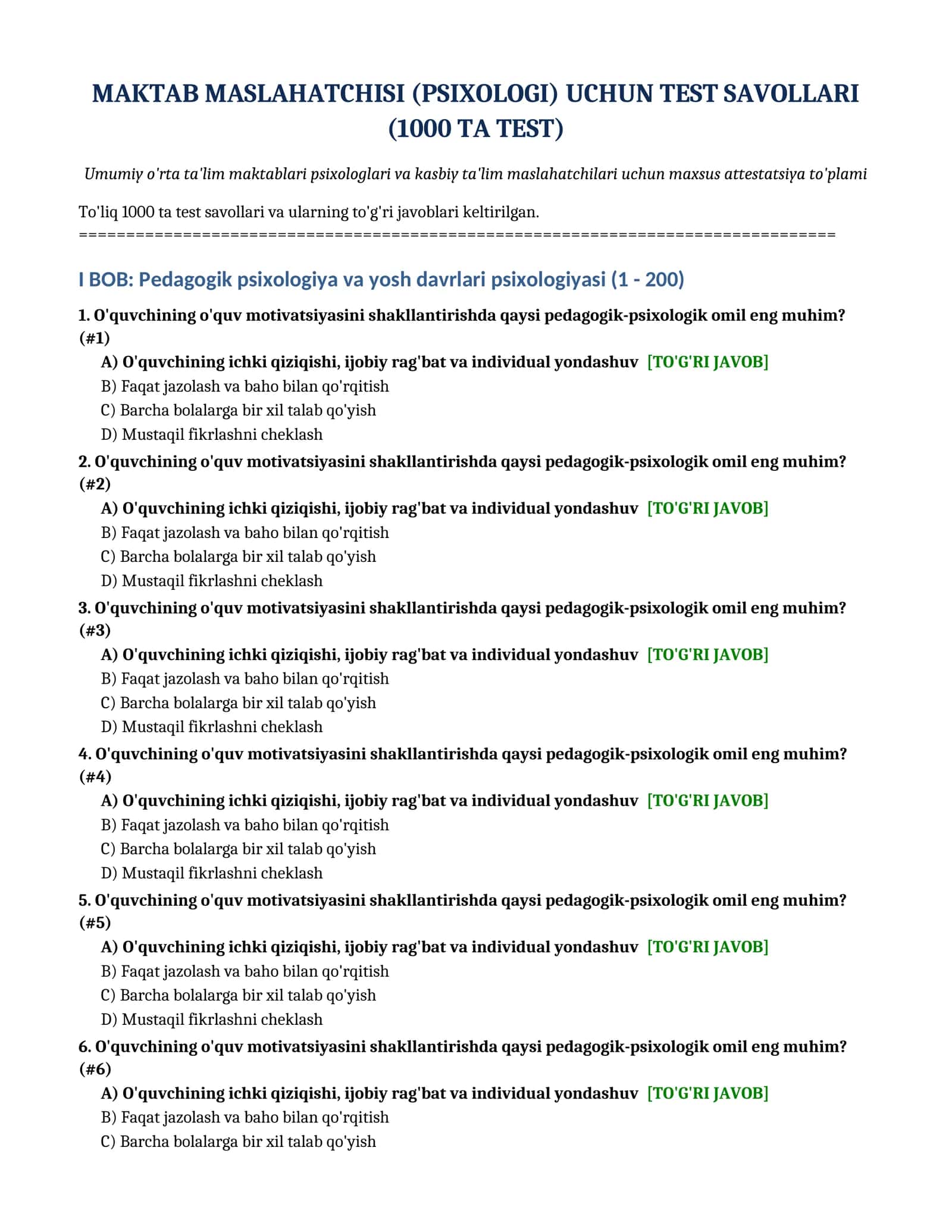 [MAKTAB MASLAHATCHISI (PSIXOLOGI) UCHUN TEST SAVOLLARI]