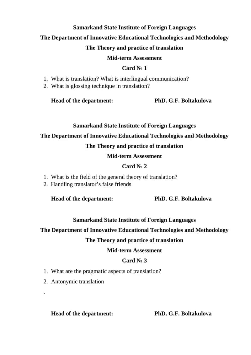 Mid-term Assessment Cards on Translation Theory