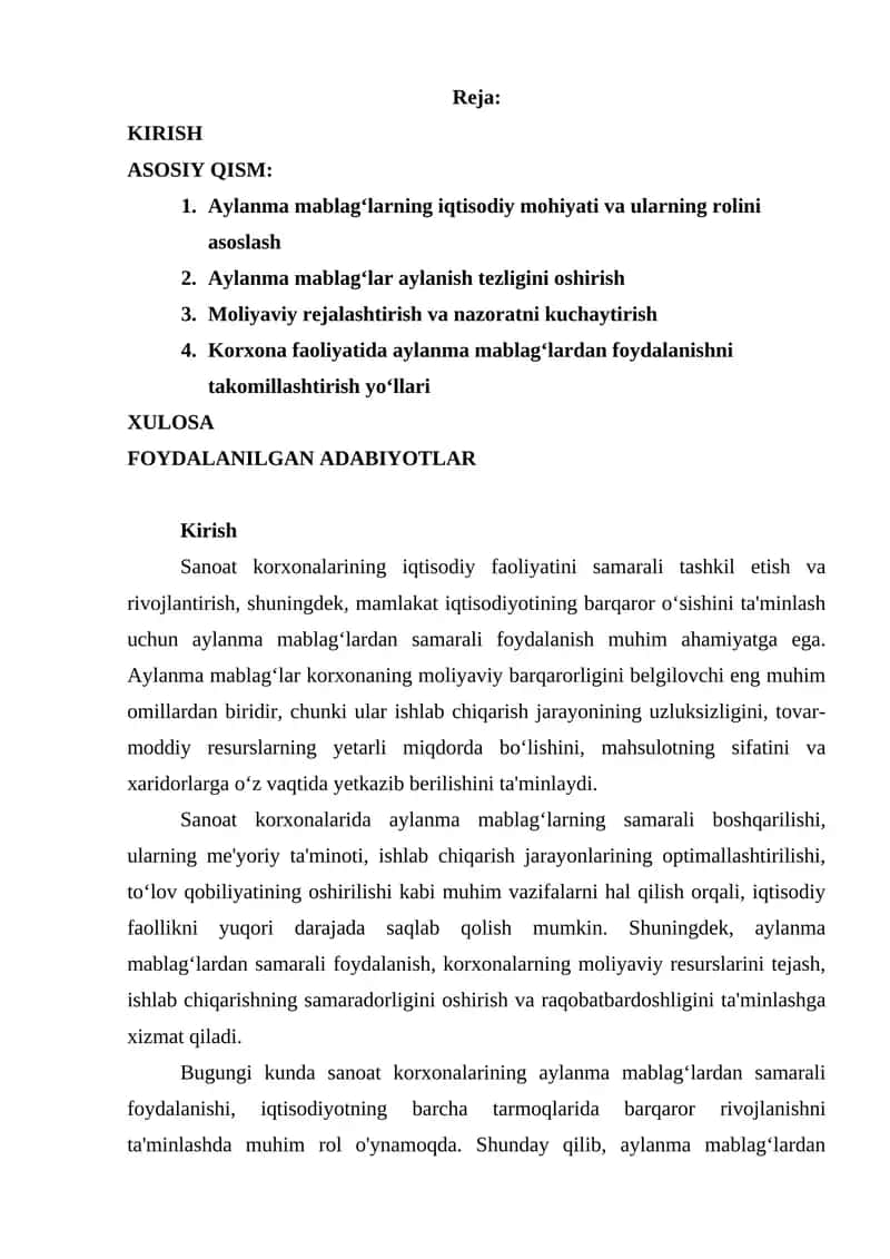 Sanoat korxonalarining iqtisodiy faoliyatini samarali tashkil etish