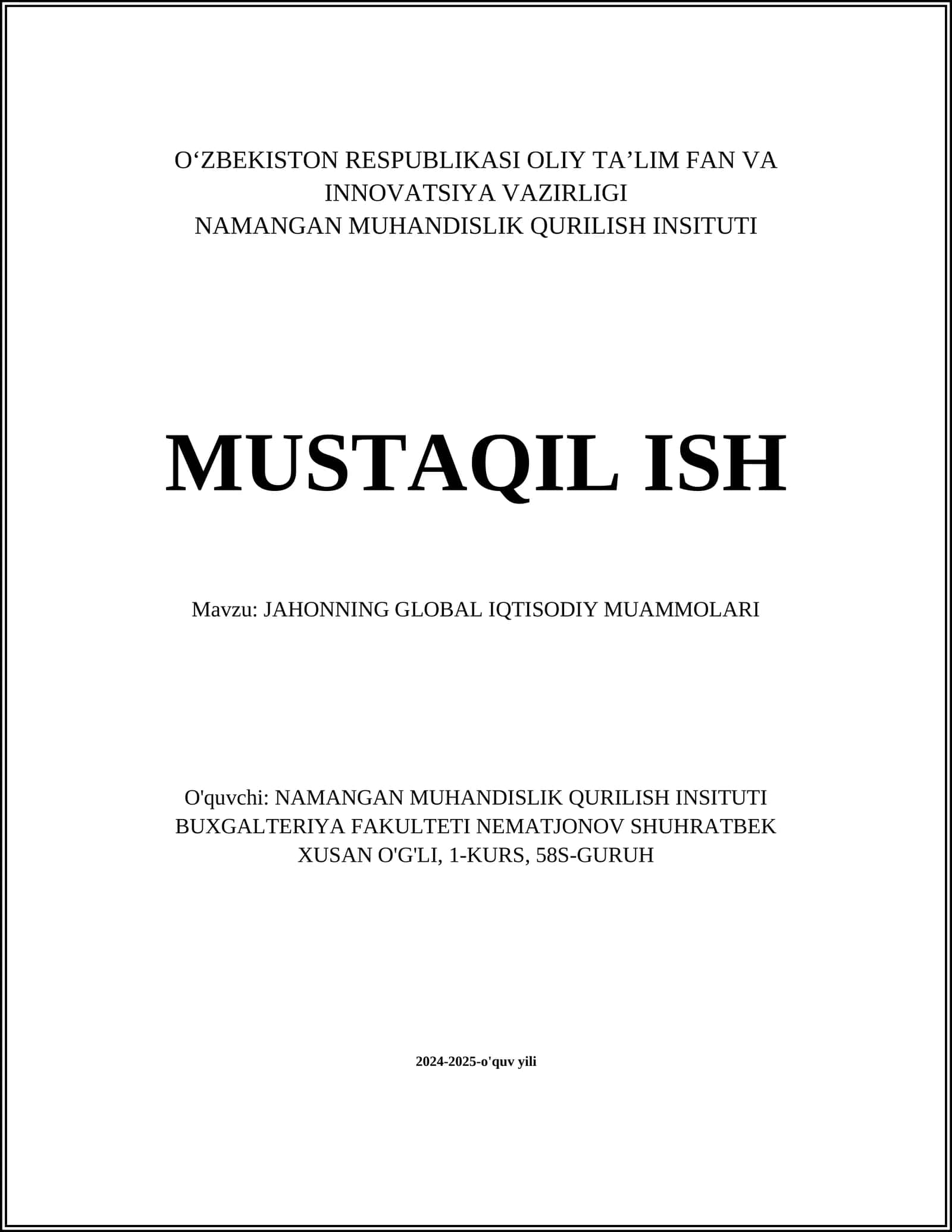 JAHONNING GLOBAL IQTISODIY MUAMMOLARI