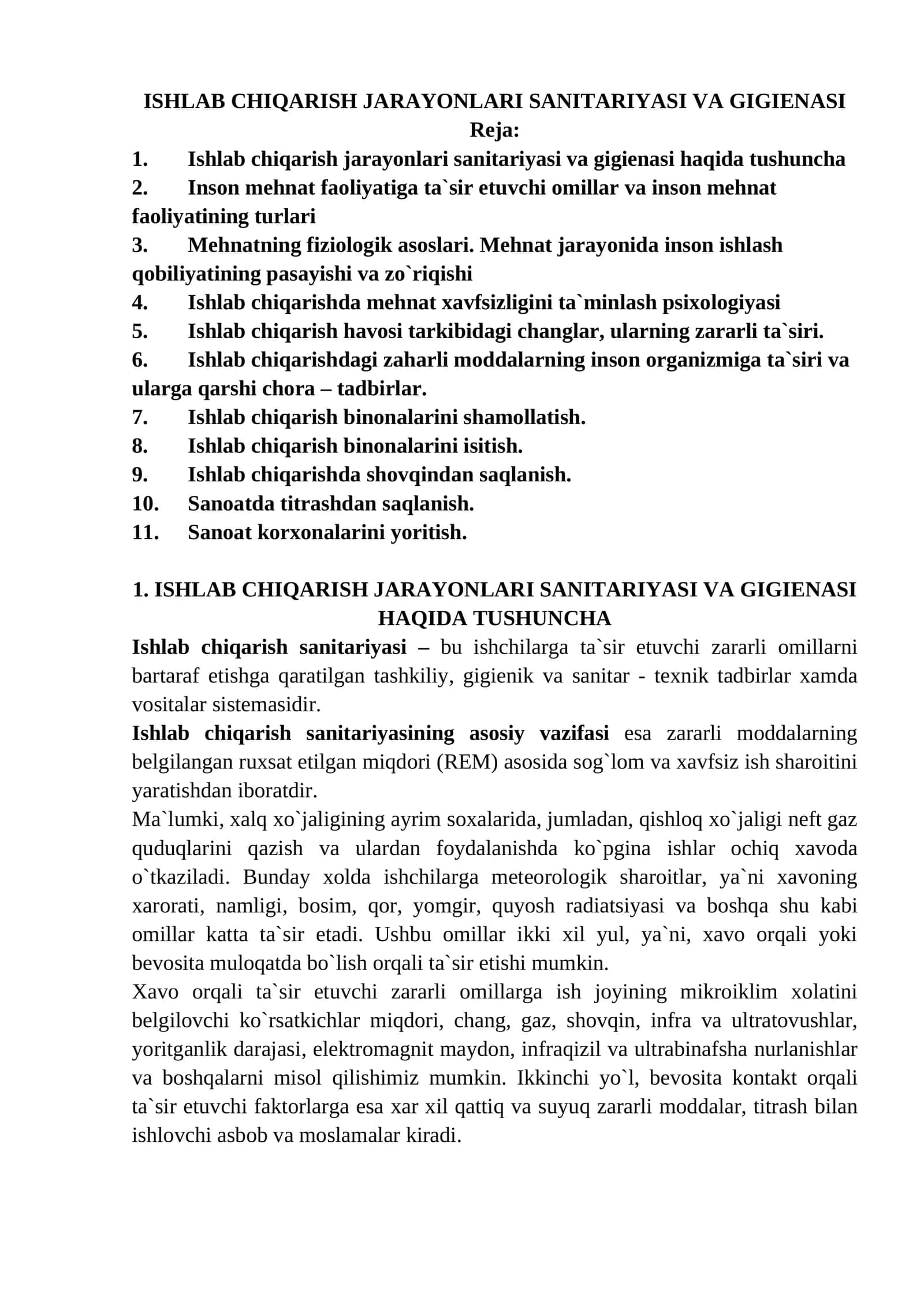 ISHLAB CHIQARISH JARAYONLARI SANITARIYASI VA GIGIENASI