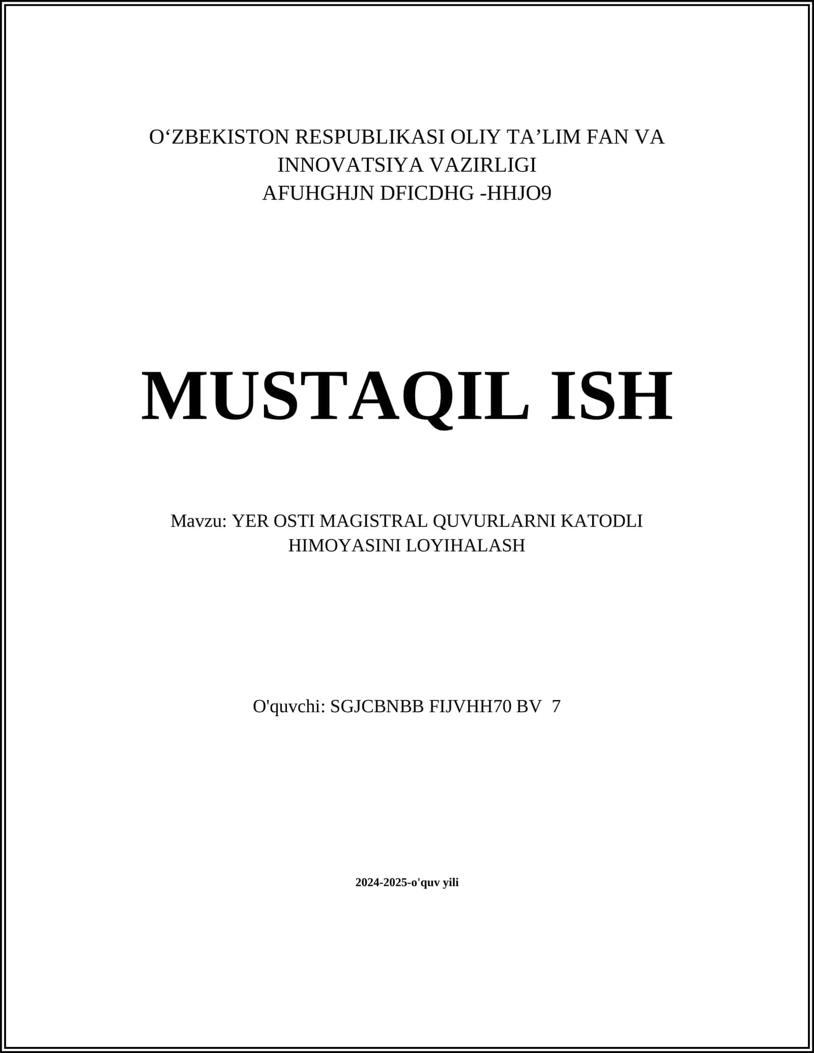 YER OSTI MAGISTRAL QUVURLARNI KATODLI HIMOYASINI LOYIHALASH