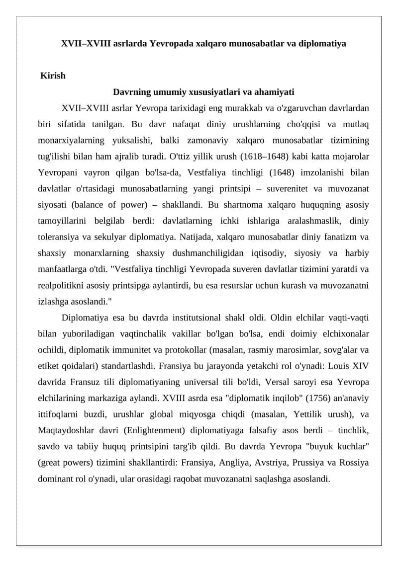 XVII–XVIII asrlarda Yevropada xalqaro munosabatlar va diplomatiya