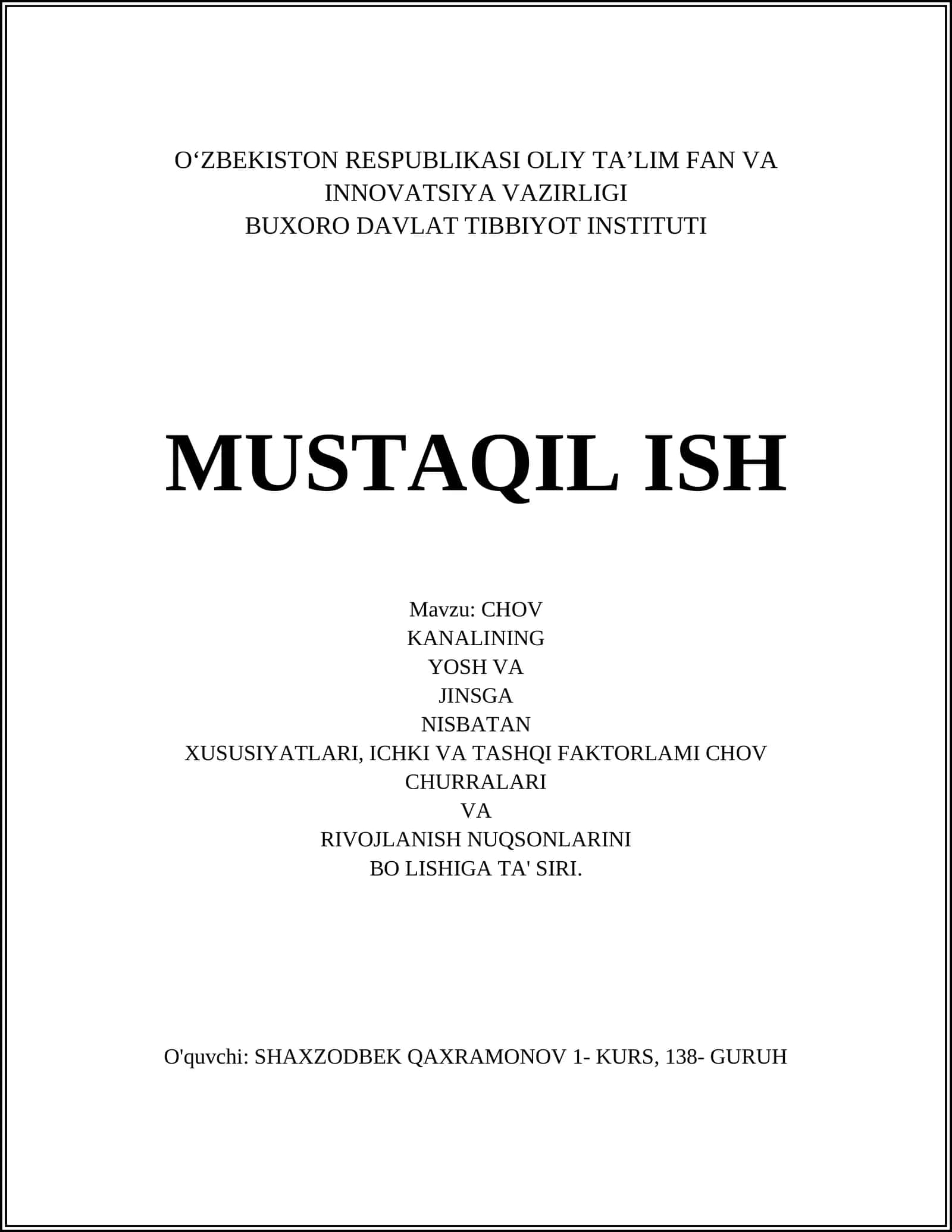 CHOV KANALINING YOSH VA JINSGA NISBATAN XUSUSIYATLARI