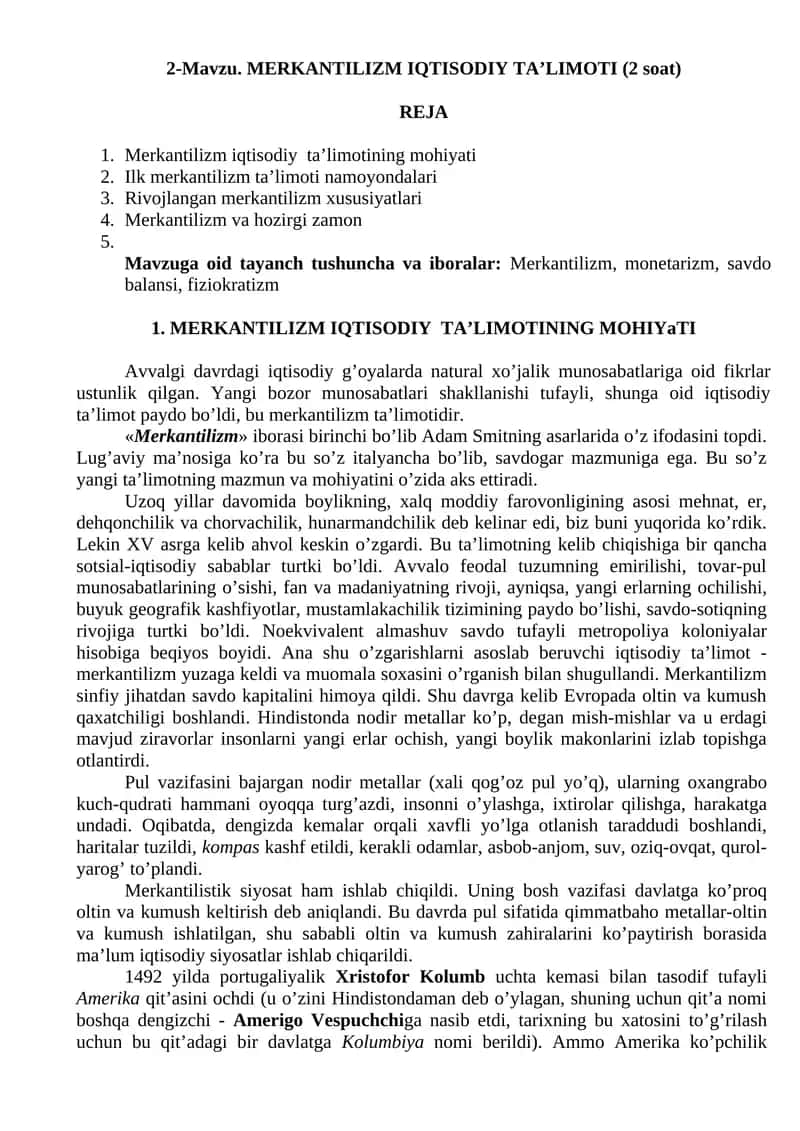 MERKANTILIZM IQTISODIY TA’LIMOTI