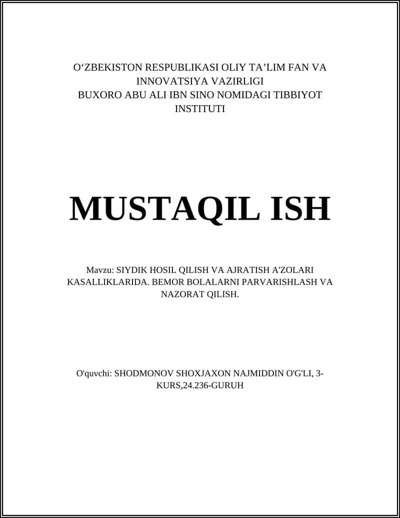 SIYDIK HOSIL QILISH VA AJRATISH A'ZOLARI KASALLIKLARIDA