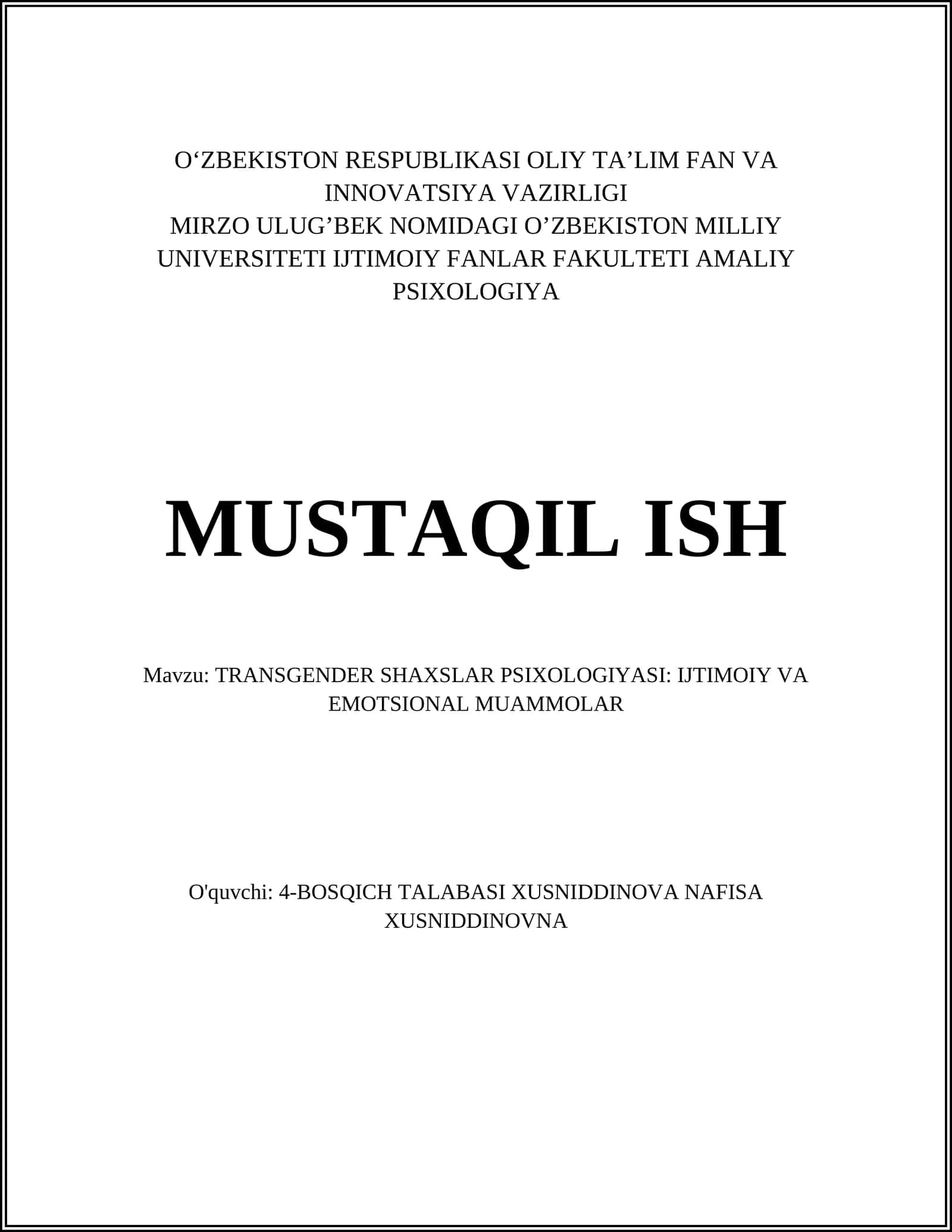 TRANSGENDER SHAXSLAR PSIXOLOGIYASI: IJTIMOIY VA EMOTSIONAL MUAMMOLAR