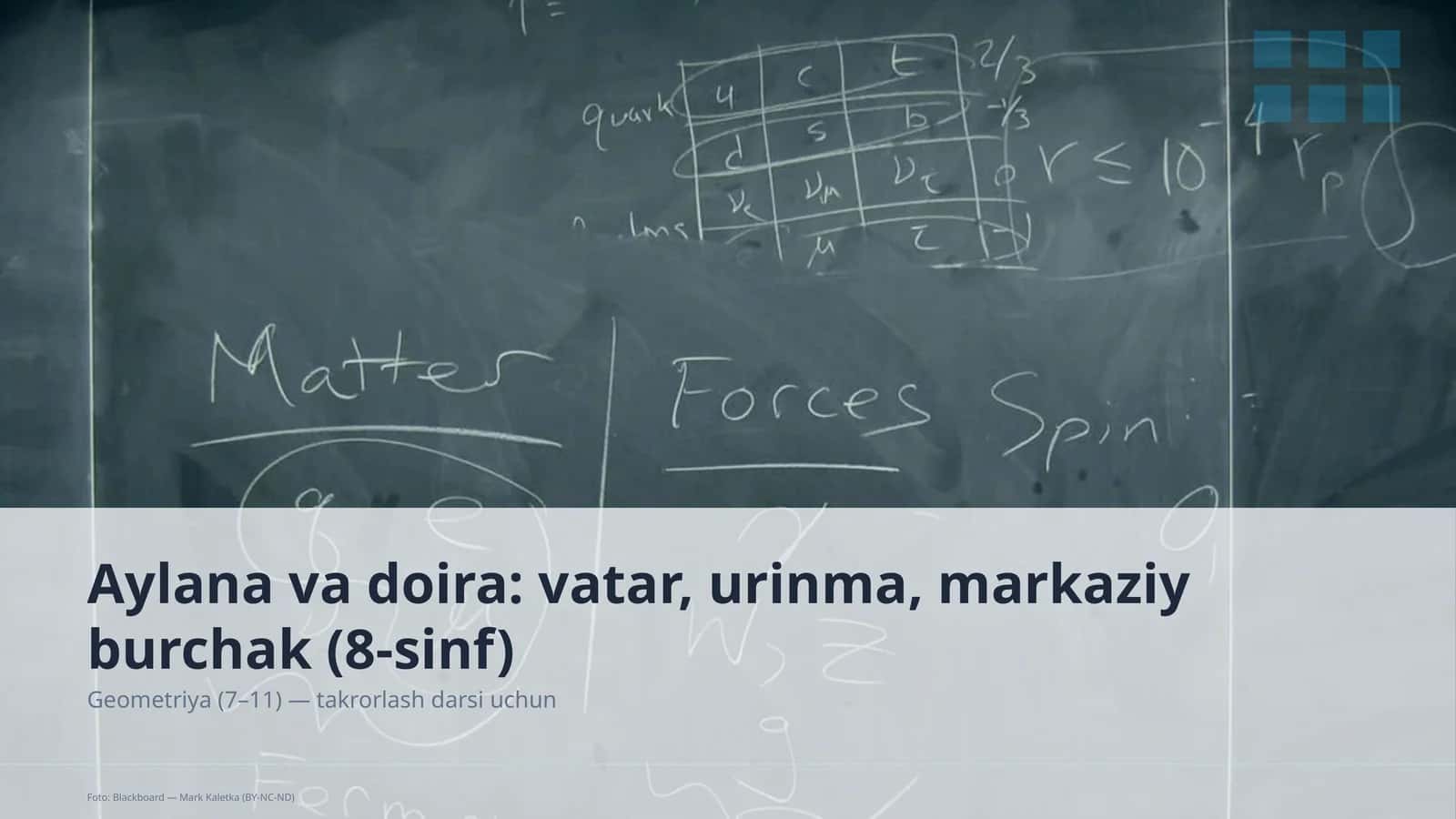 Aylana va doira: vatar, urinma, markaziy burchak (8-sinf)