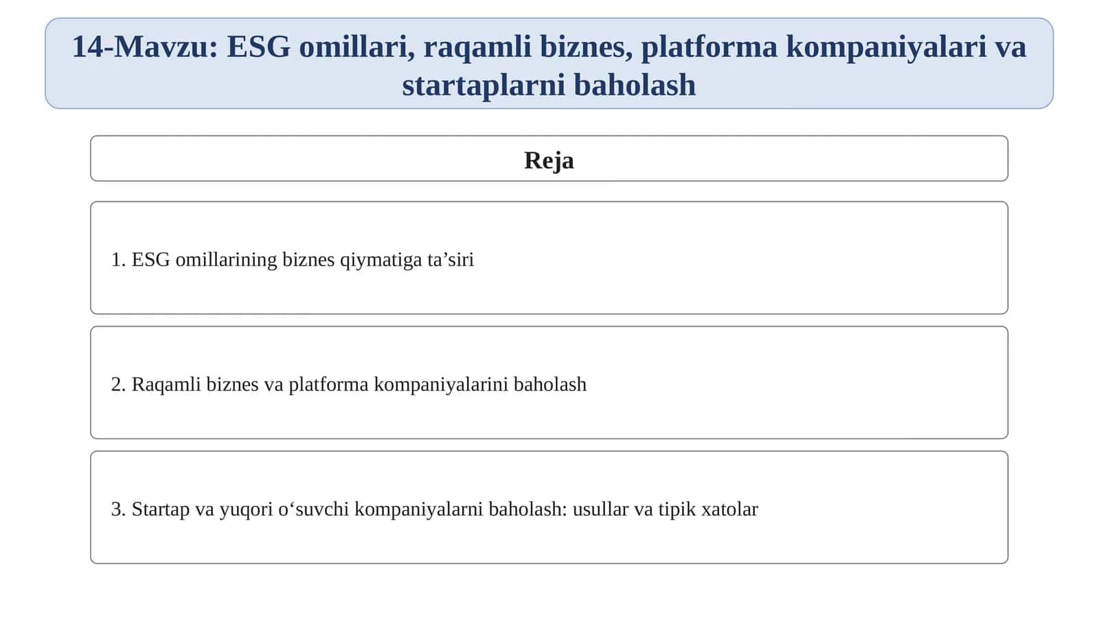 ESG omillari, raqamli biznes, platforma kompaniyalari va startaplarni baholash