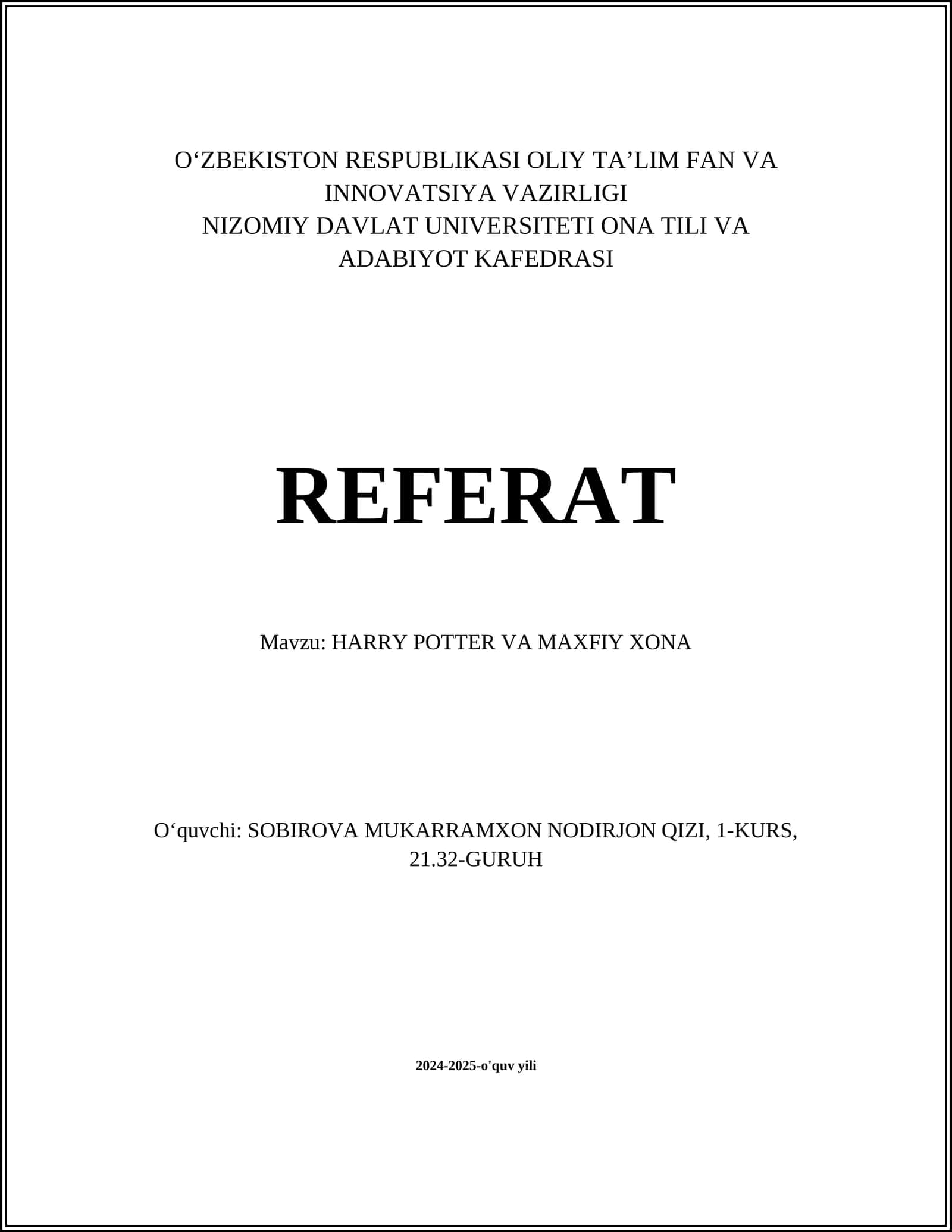HARRY POTTER VA MAXFIY XONA
