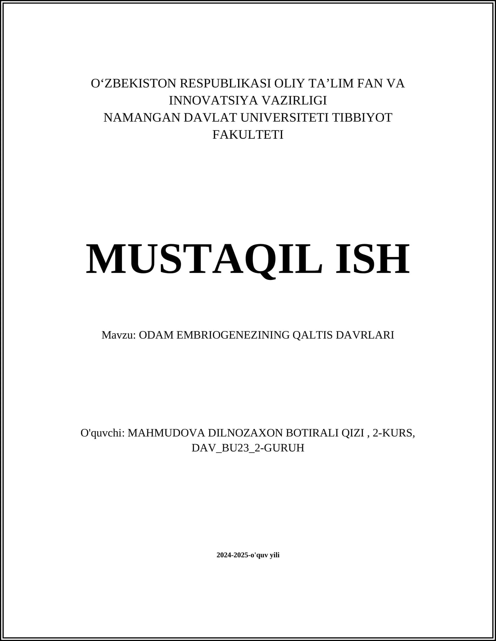 ODAM EMBRIOGENEZINING QALTIS DAVRLARI