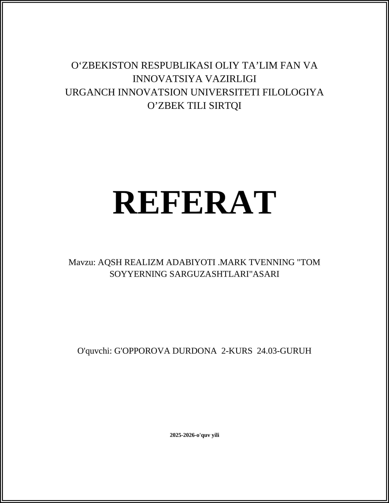 AQSH REALIZM ADABIYOTI.MARK TVENNING "TOM SOYYERNING SARGUZASHTLARI"ASARI