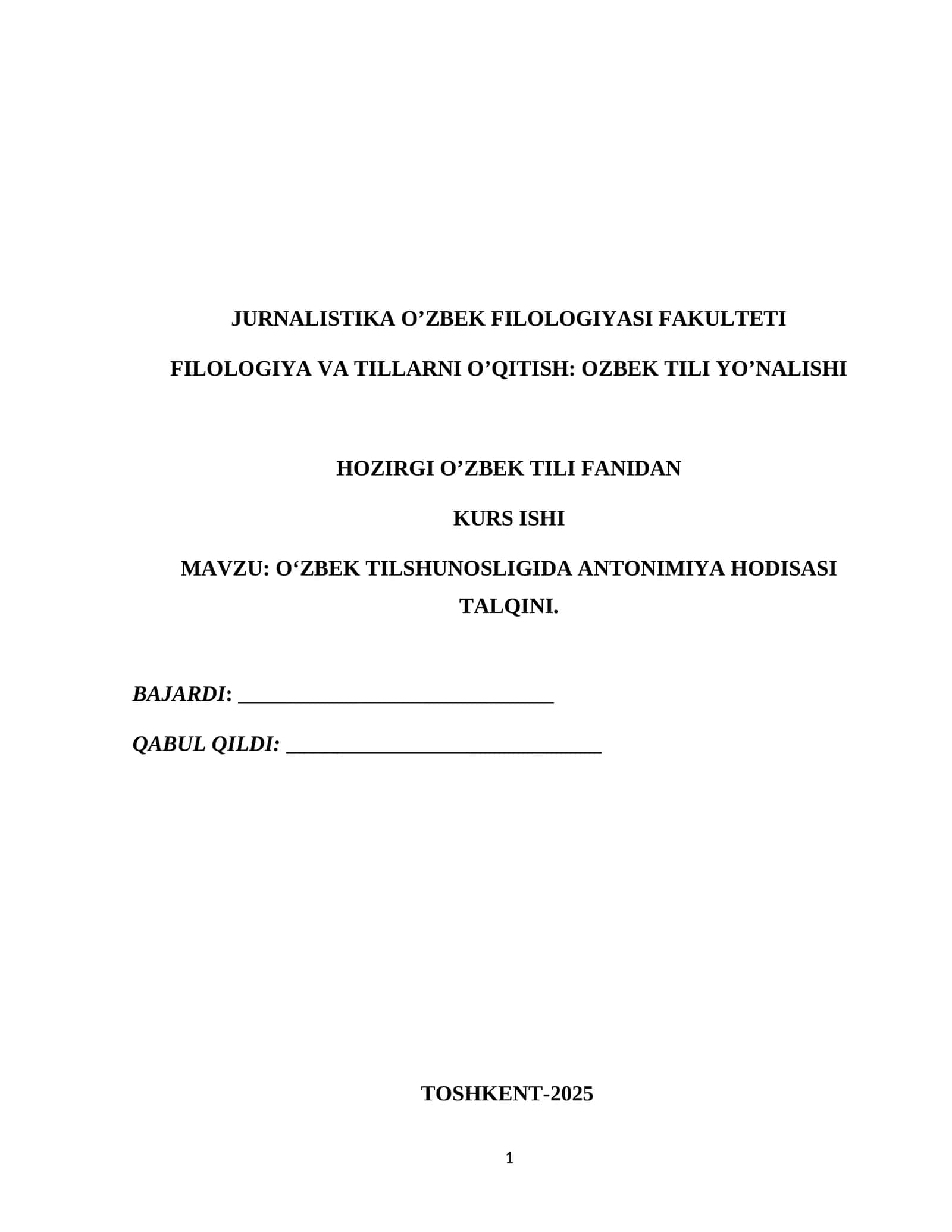 O‘zbek tilshunosligida antonimiya hodisasi talqini