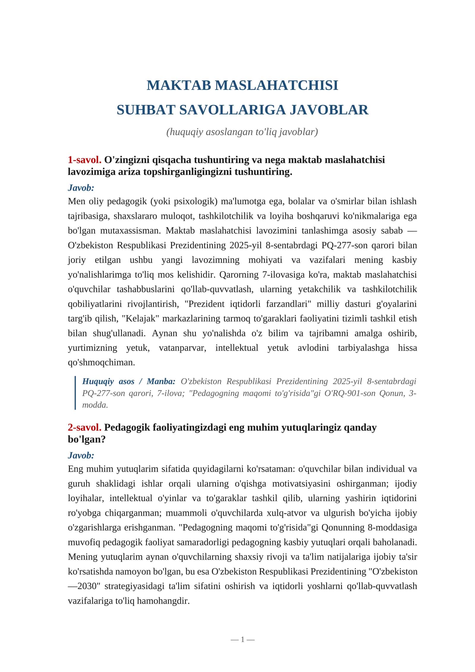 Maktab maslahatchisi savollarga javoblar