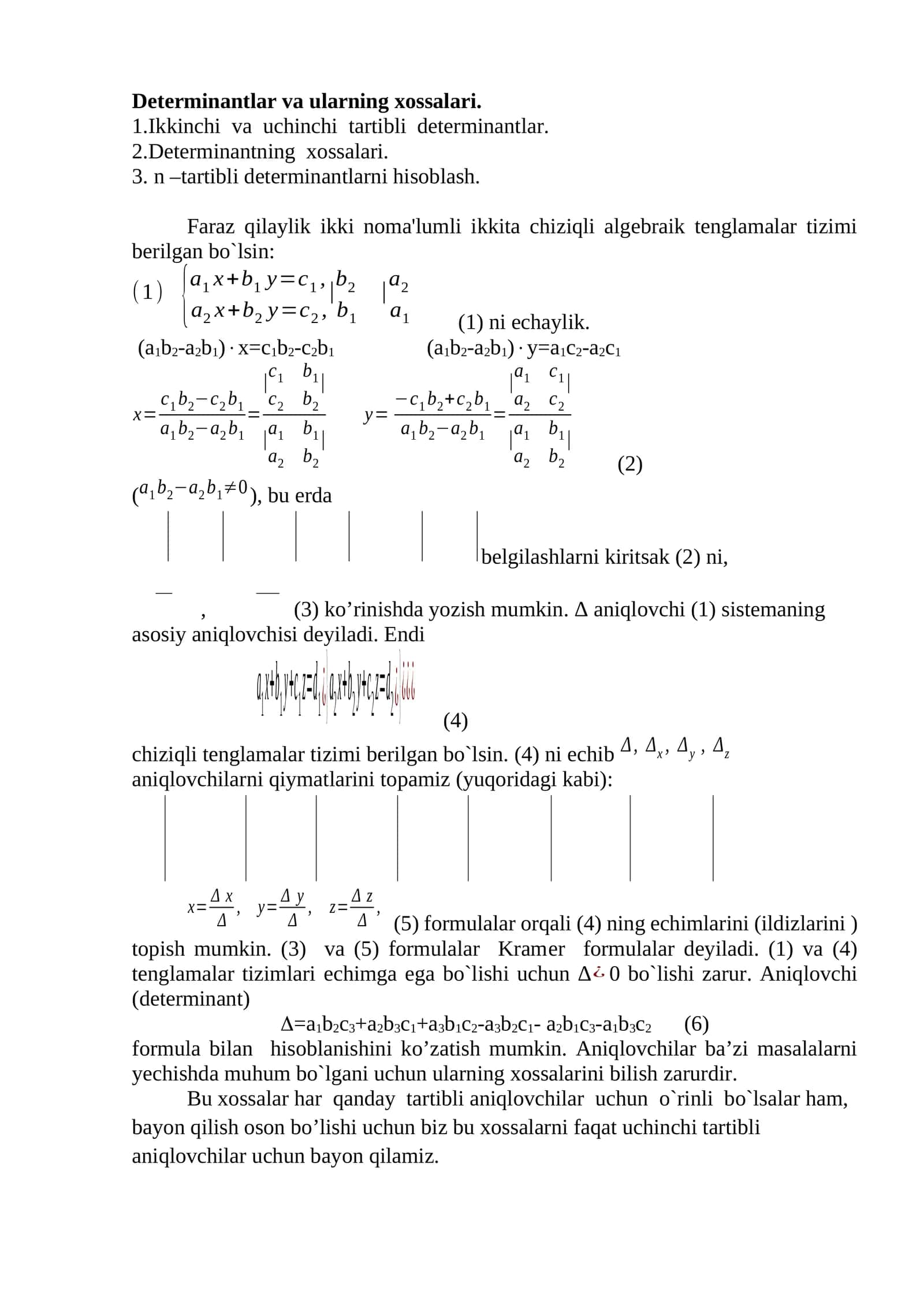 Determinantlar va ularning xossalari