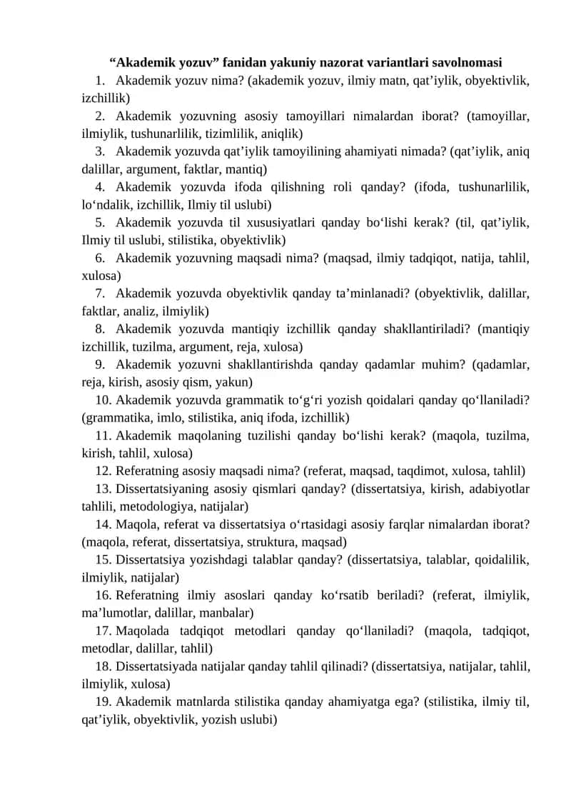“Akademik yozuv” fanidan yakuniy nazorat variantlari savolnomasi