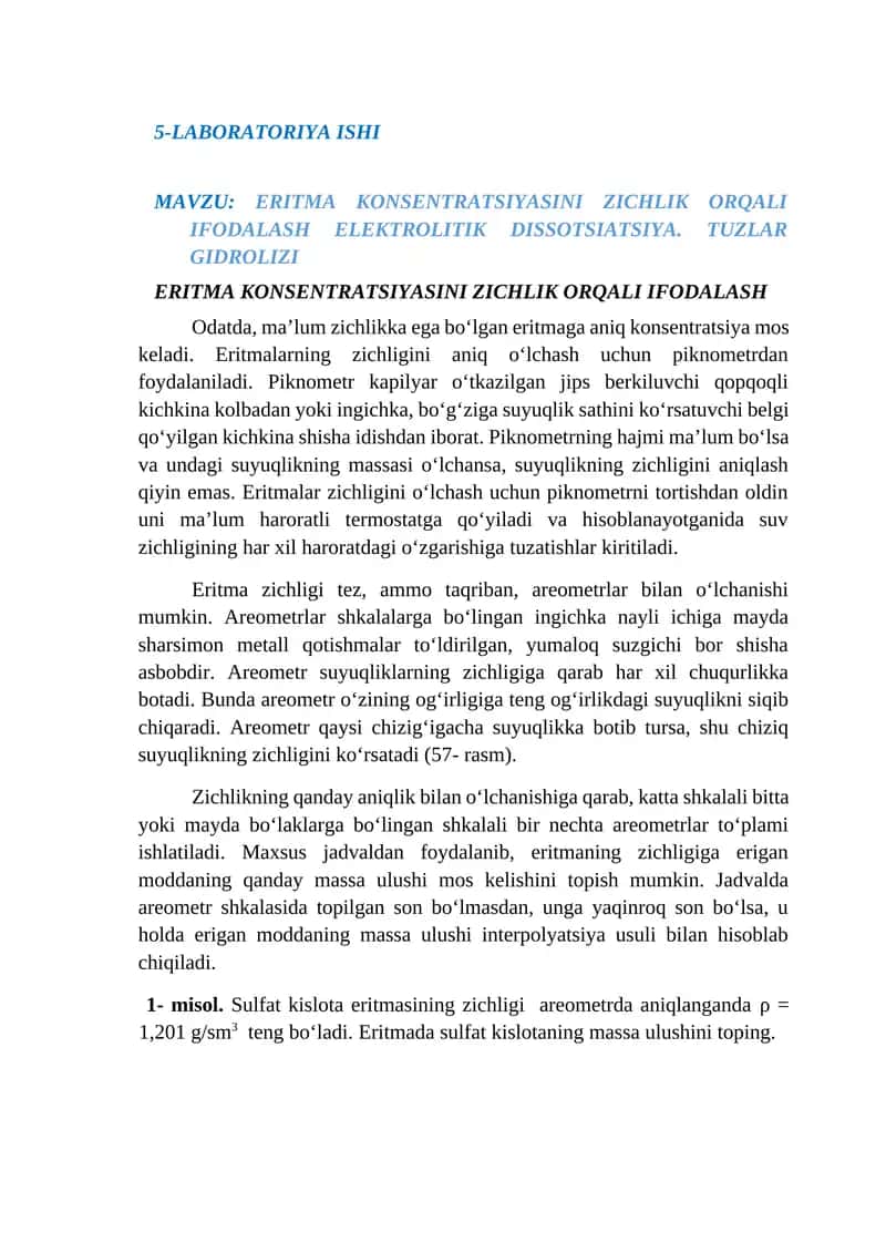 Eritma konsentratsiyasini zichlik orqali ifodalash