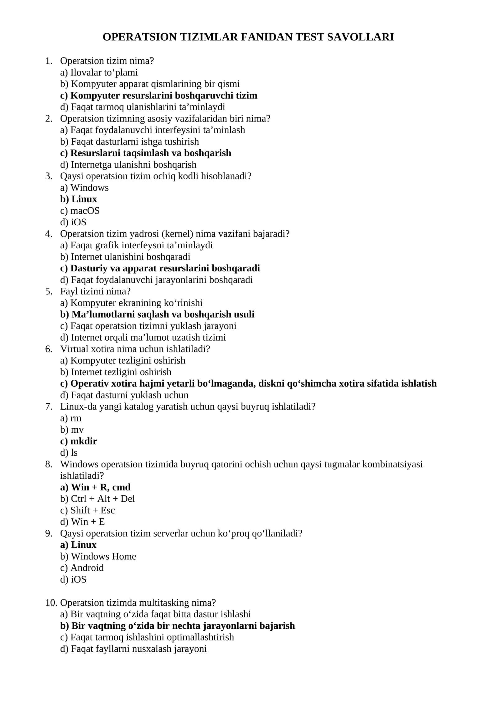 OPERATSION TIZIMLAR FANIDAN TEST SAVOLLARI