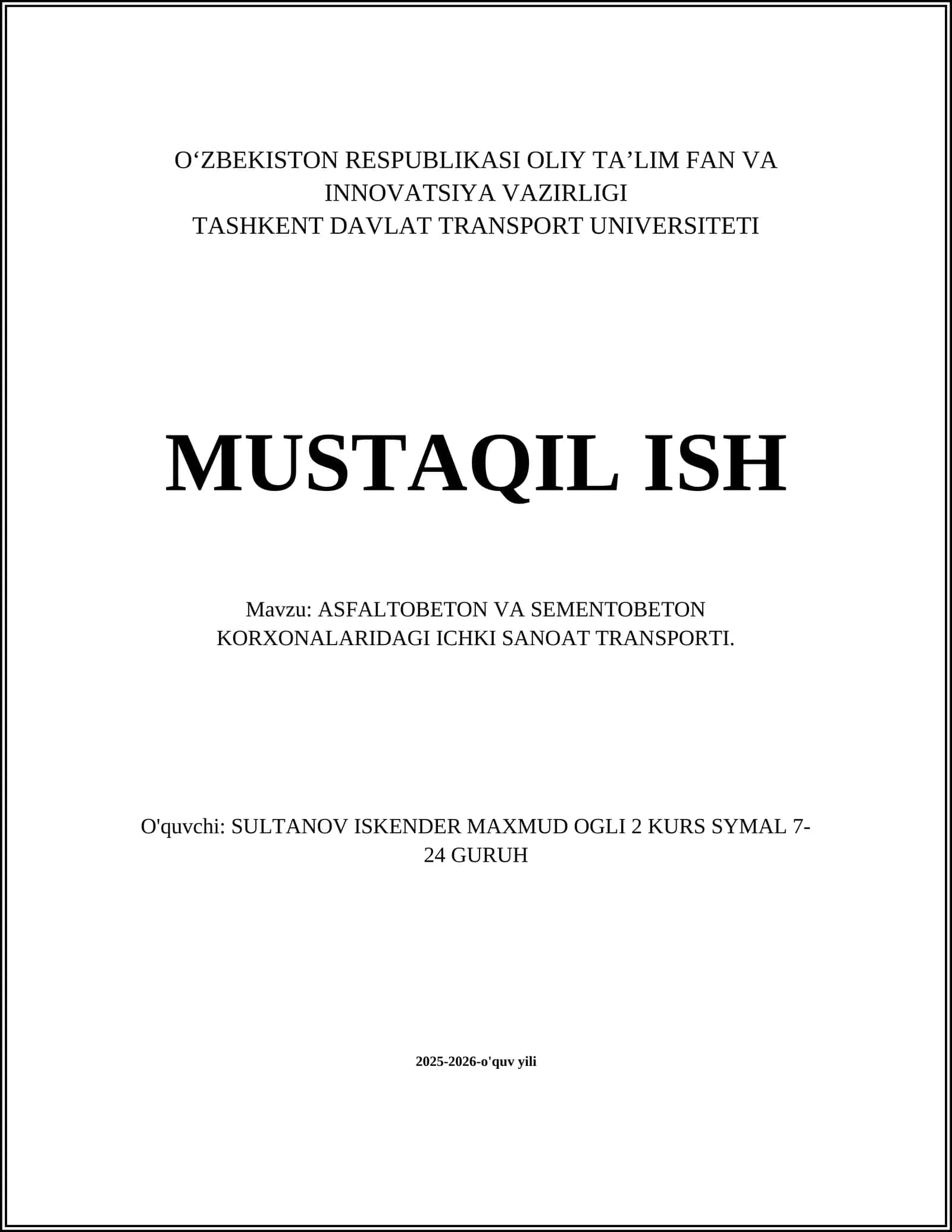 ASFALTOBETON VA SEMENTOBETON KORXONALARIDAGI ICHKI SANOAT TRANSPORTI